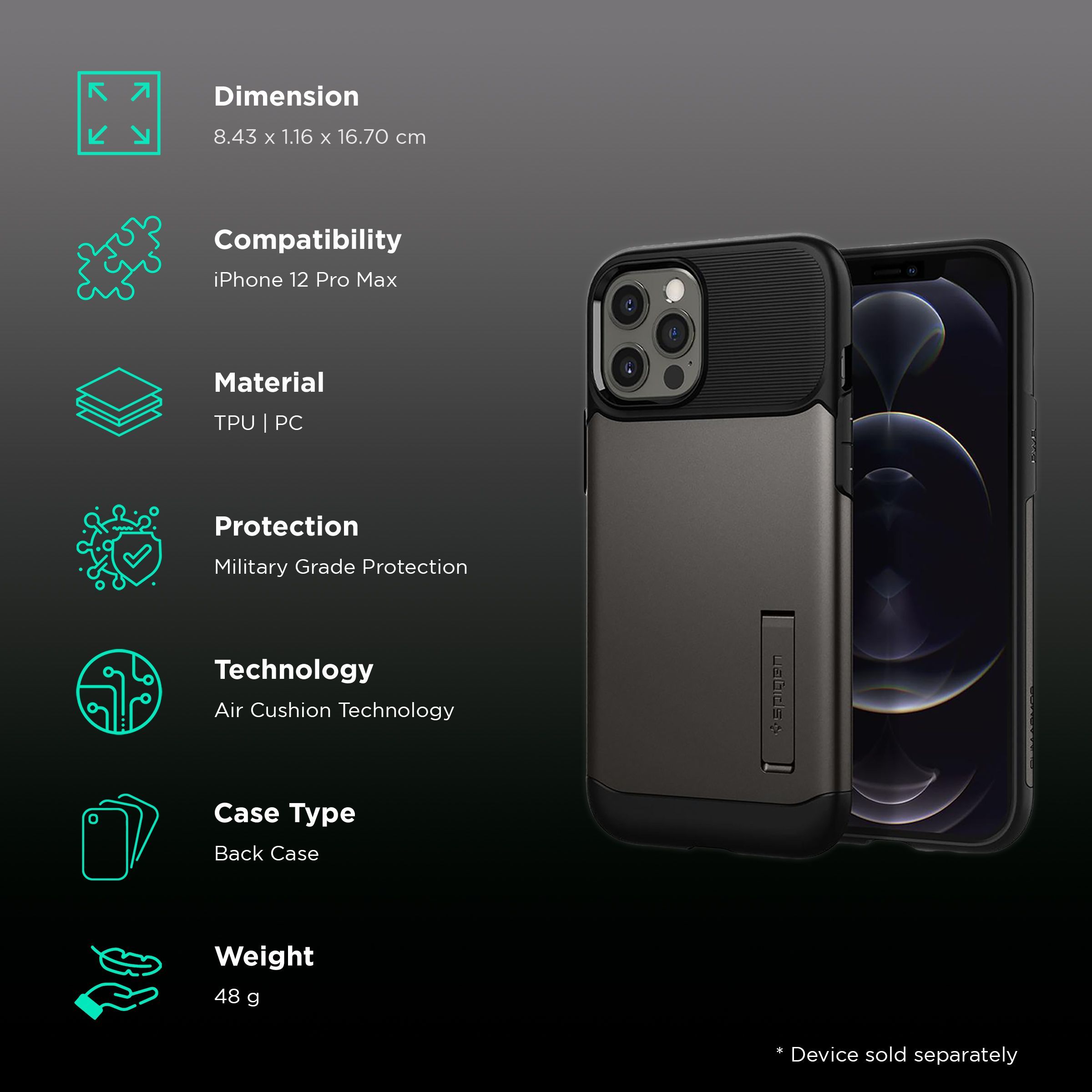 spigen Slim Armor Polycarbonate Thermoplastic Polyurethane Back Case with Stand for Apple iPhone 12 Pro Max (Air Cushion Technology, ACS01480, Gun Metal)_2