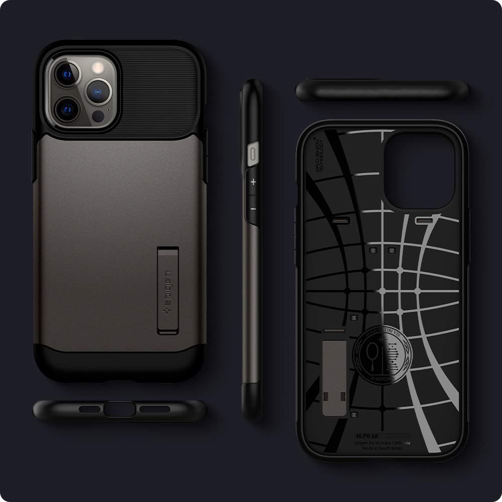 spigen Slim Armor Polycarbonate Thermoplastic Polyurethane Back Case with Stand for Apple iPhone 12 Pro Max (Air Cushion Technology, ACS01480, Gun Metal)_6