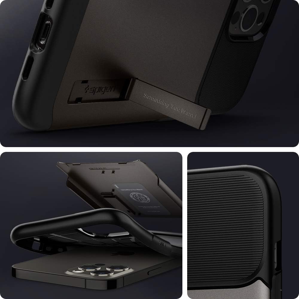 spigen Slim Armor Polycarbonate Thermoplastic Polyurethane Back Case with Stand for Apple iPhone 12 Pro Max (Air Cushion Technology, ACS01480, Gun Metal)_9