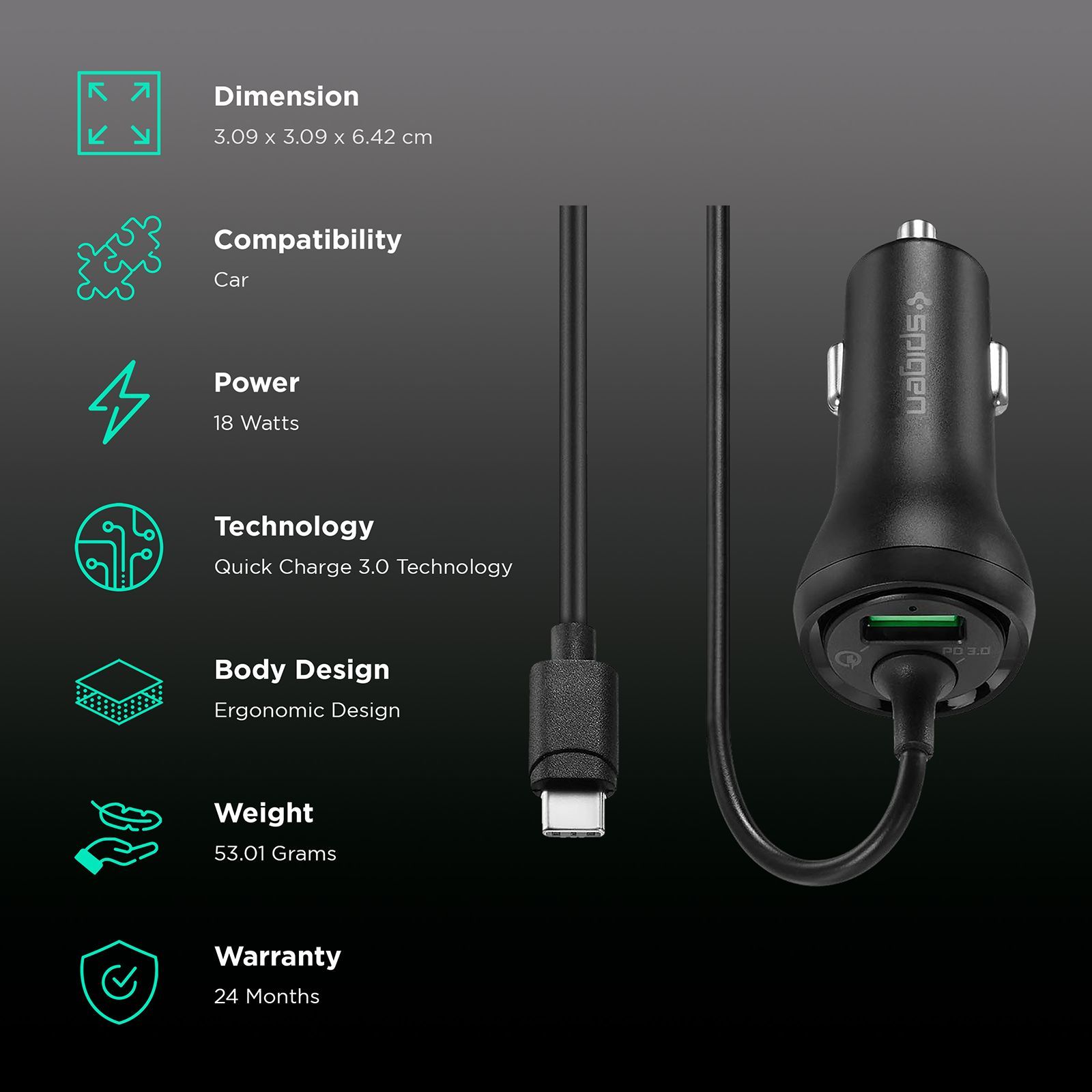 spigen 36 Watts 2 USB Ports Car Charging Adapter (Ip Technology, 000CP25596, Black) spigen 36 Watts 2 USB Ports Car Charging Adapter (Ip Technology, 000CP25596, Black)_2