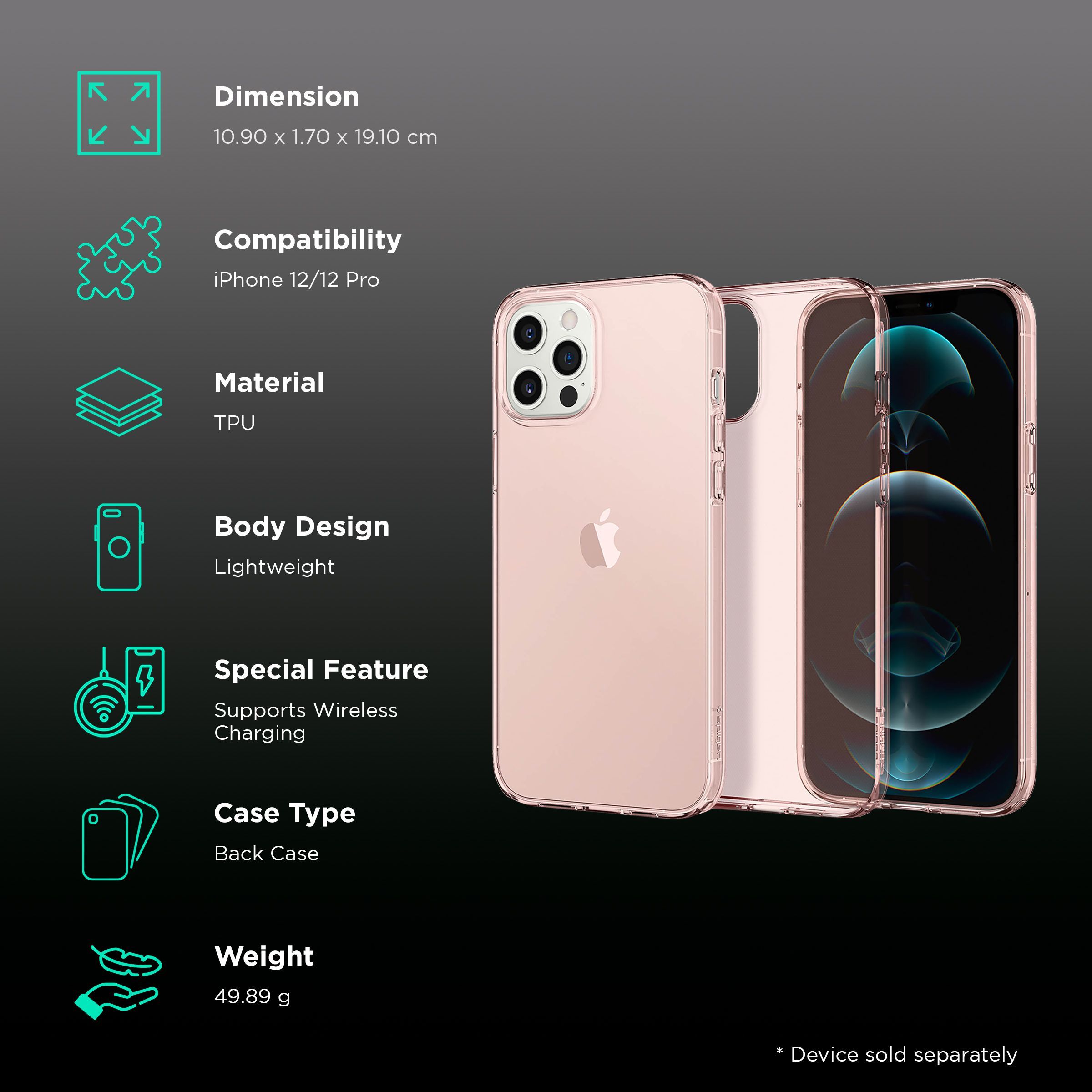 spigen Crystal Flex Back Cover for Apple iPhone 12, 12 Pro (Wireless Charging Compatible, Rose Crystal)_2