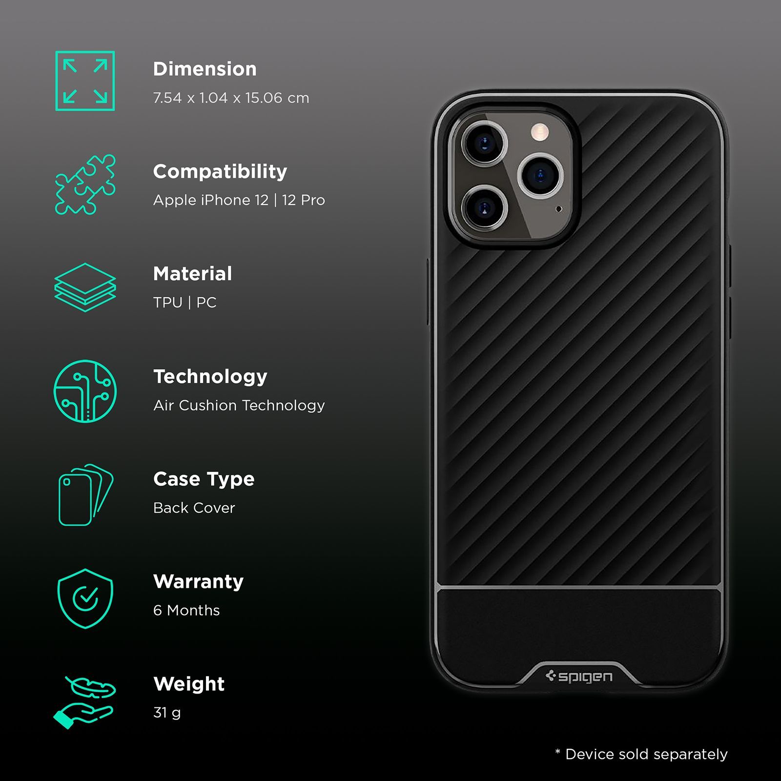spigen Core Armor Thermoplastic Polyurethane Back Cover for Apple iPhone 12 and 12 Pro (Air Cushion Technology, Matte Black)_2