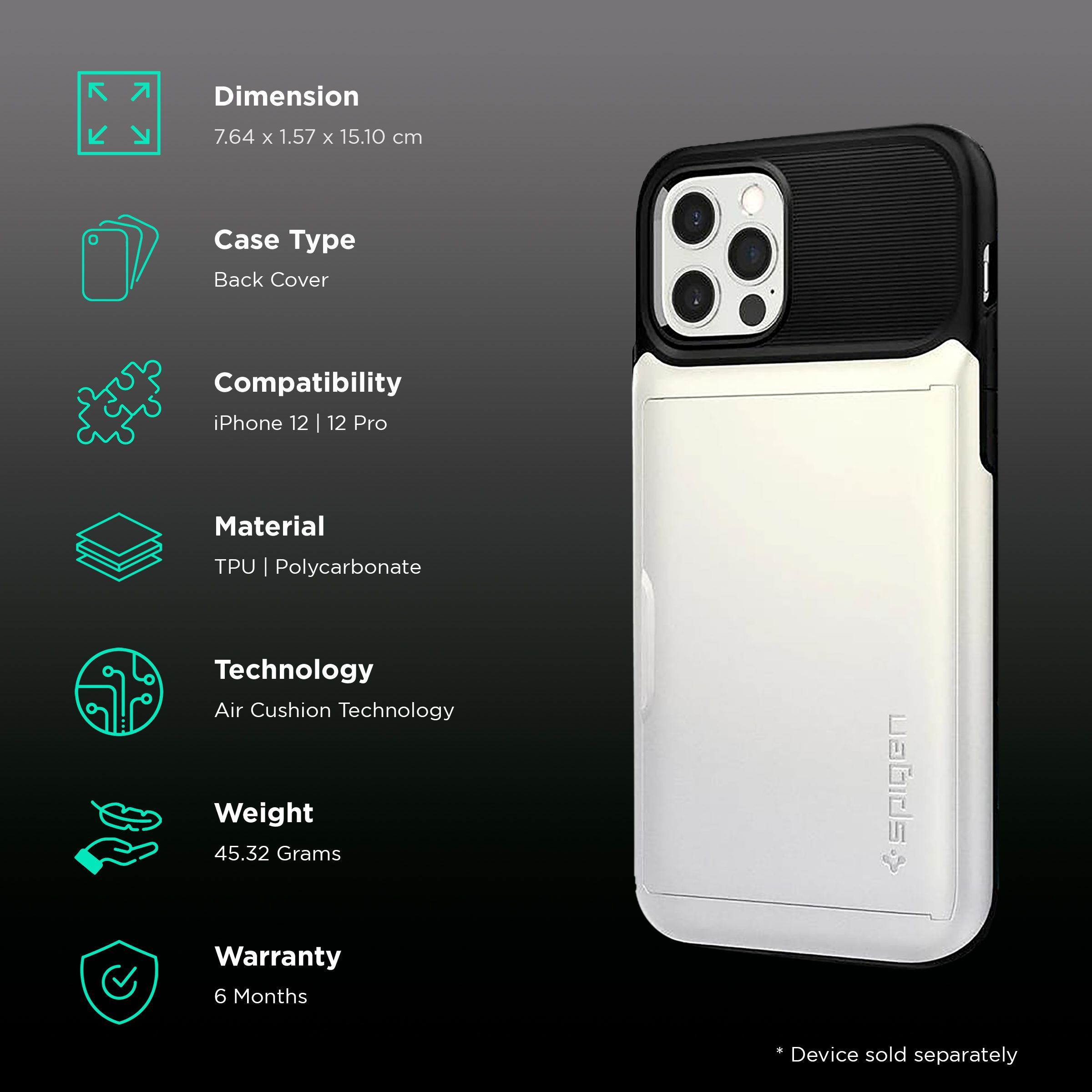 spigen Slim Armor Wallet TPU & Polycarbonate Back Cover for Apple iPhone 12, 12 Pro (Air Cushion Technology, Pearl White)_2