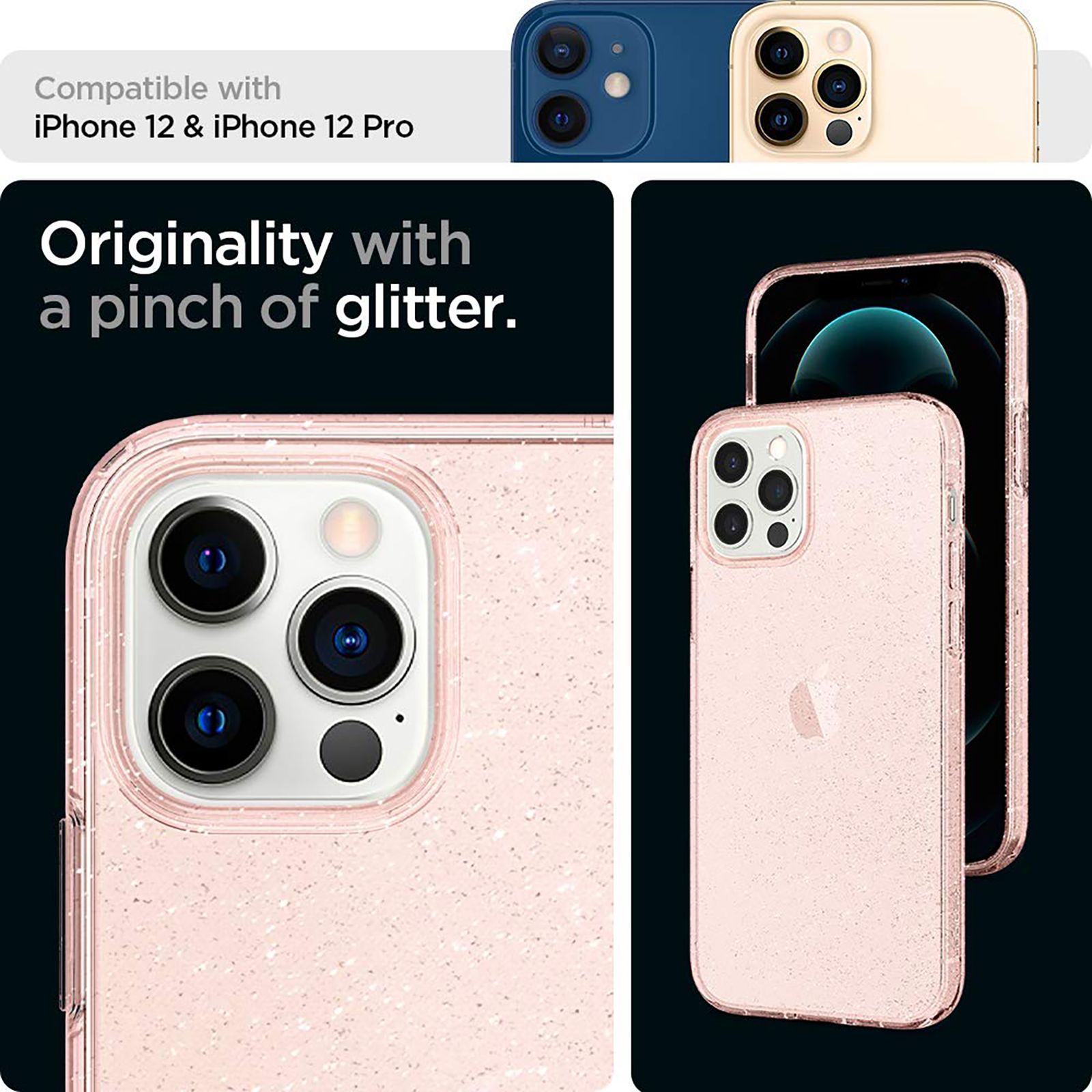 spigen Liquid Crystal Glitter TPU Back Cover for Apple iPhone 12, 12 Pro (Supports Wireless Charging, Rose Quartz)_12