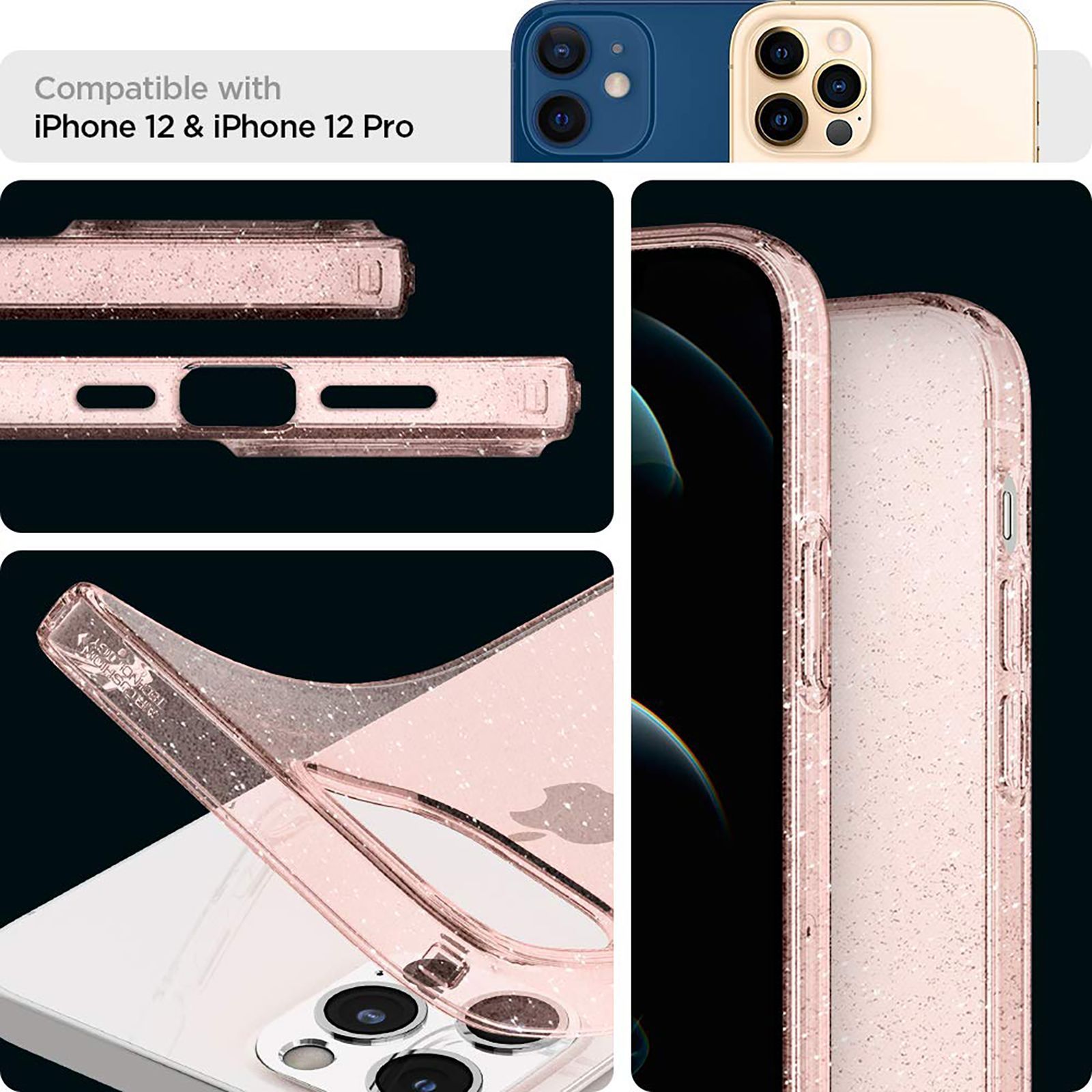 spigen Liquid Crystal Glitter TPU Back Cover for Apple iPhone 12, 12 Pro (Supports Wireless Charging, Rose Quartz)_13