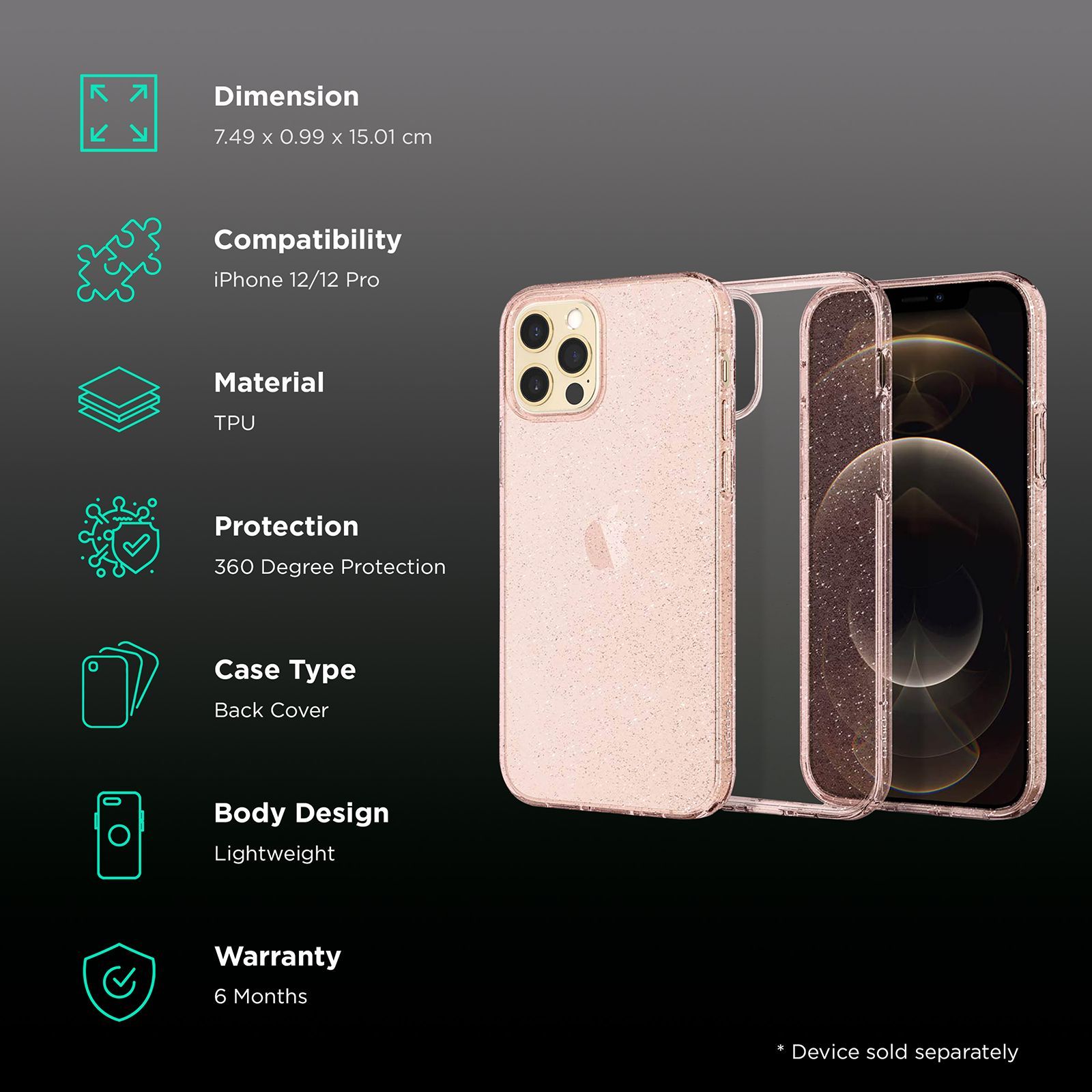 spigen Liquid Crystal Glitter TPU Back Cover for Apple iPhone 12, 12 Pro (Supports Wireless Charging, Rose Quartz)_2