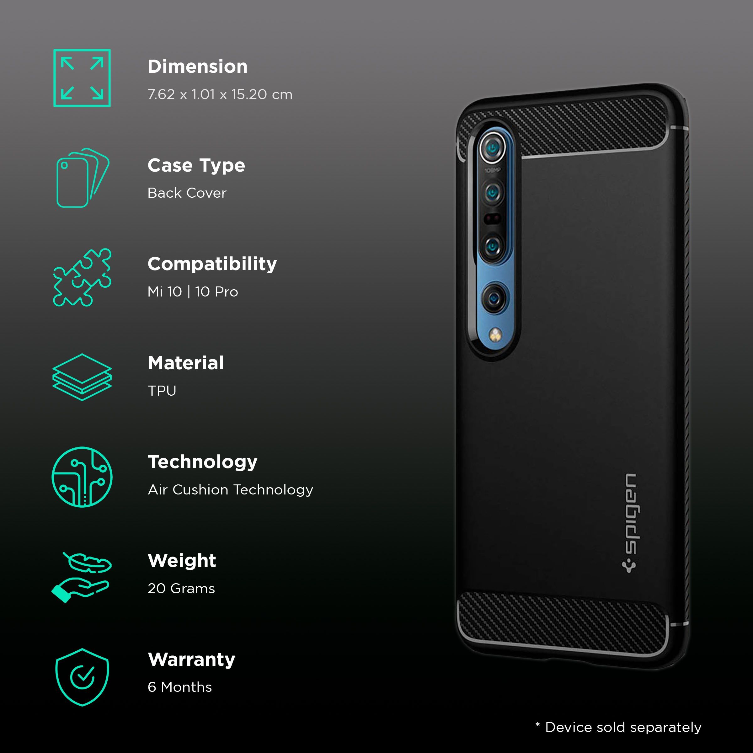 spigen Rugged Armor TPU Back Case For Mi 10/Mi 10 Pro (Air Cushion Technology, ACS00862, Matte Black)_2