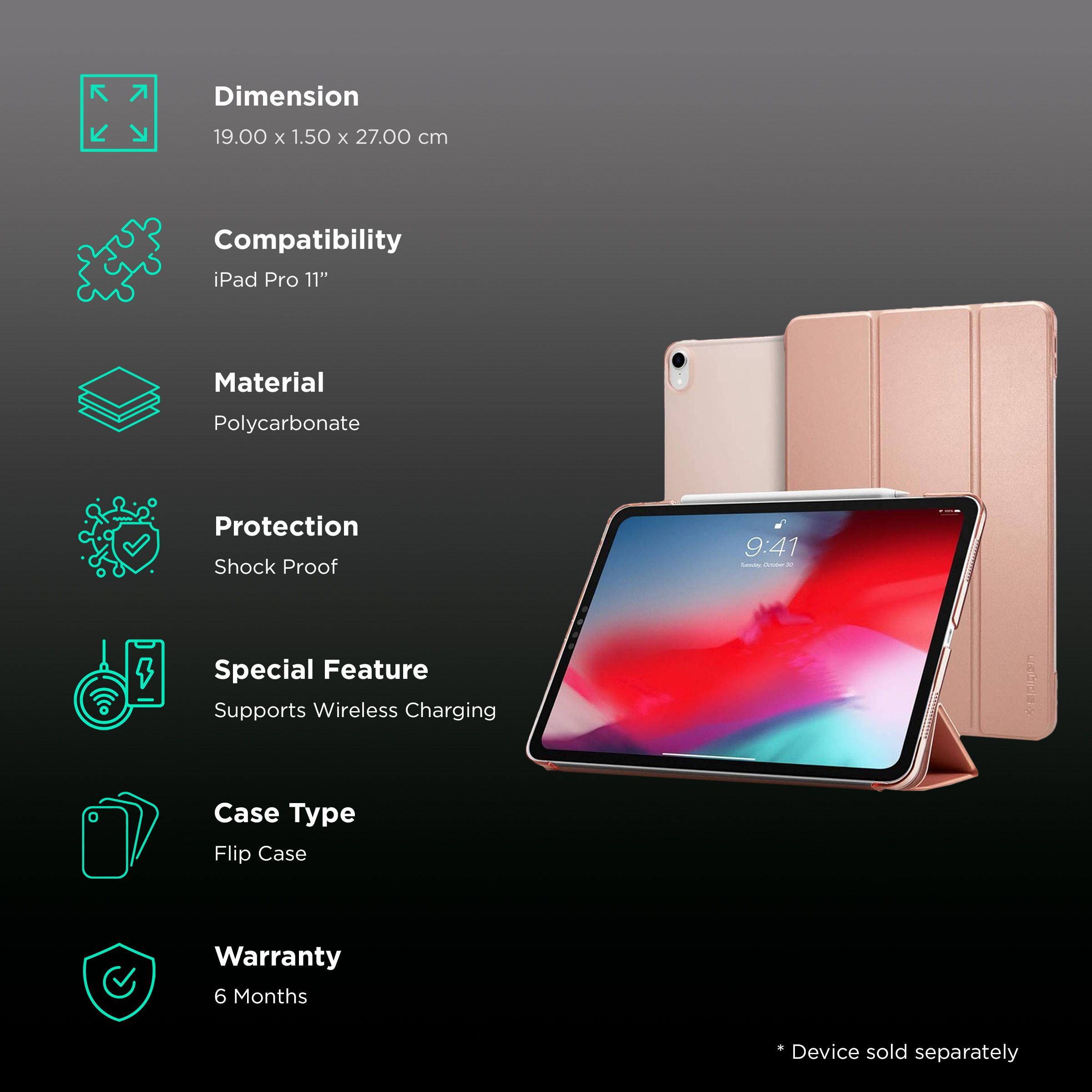 spigen Smart Fold Polycarbonate, Rubber Flip Cover for Apple iPad Pro 11 Inch (Wireless Charging Compatible, Rose Gold)_2