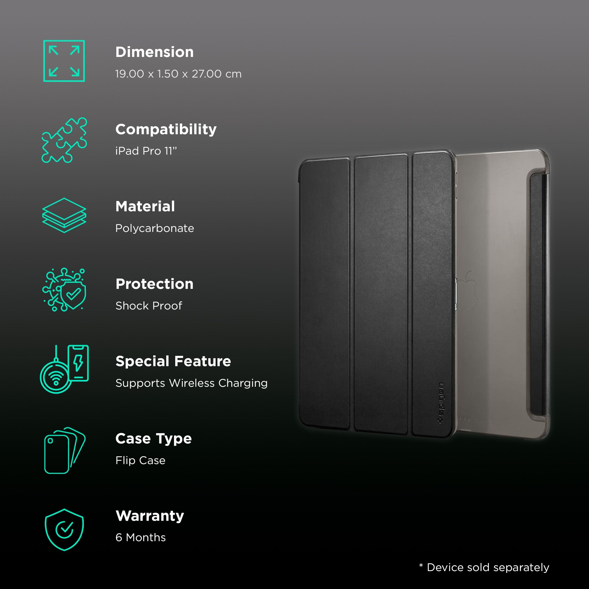 spigen Smart Fold Polycarbonate, Polyurethane Leather Flip Cover for Apple iPad Pro 11 Inch (Wireless Charging Compatible, Black)_2