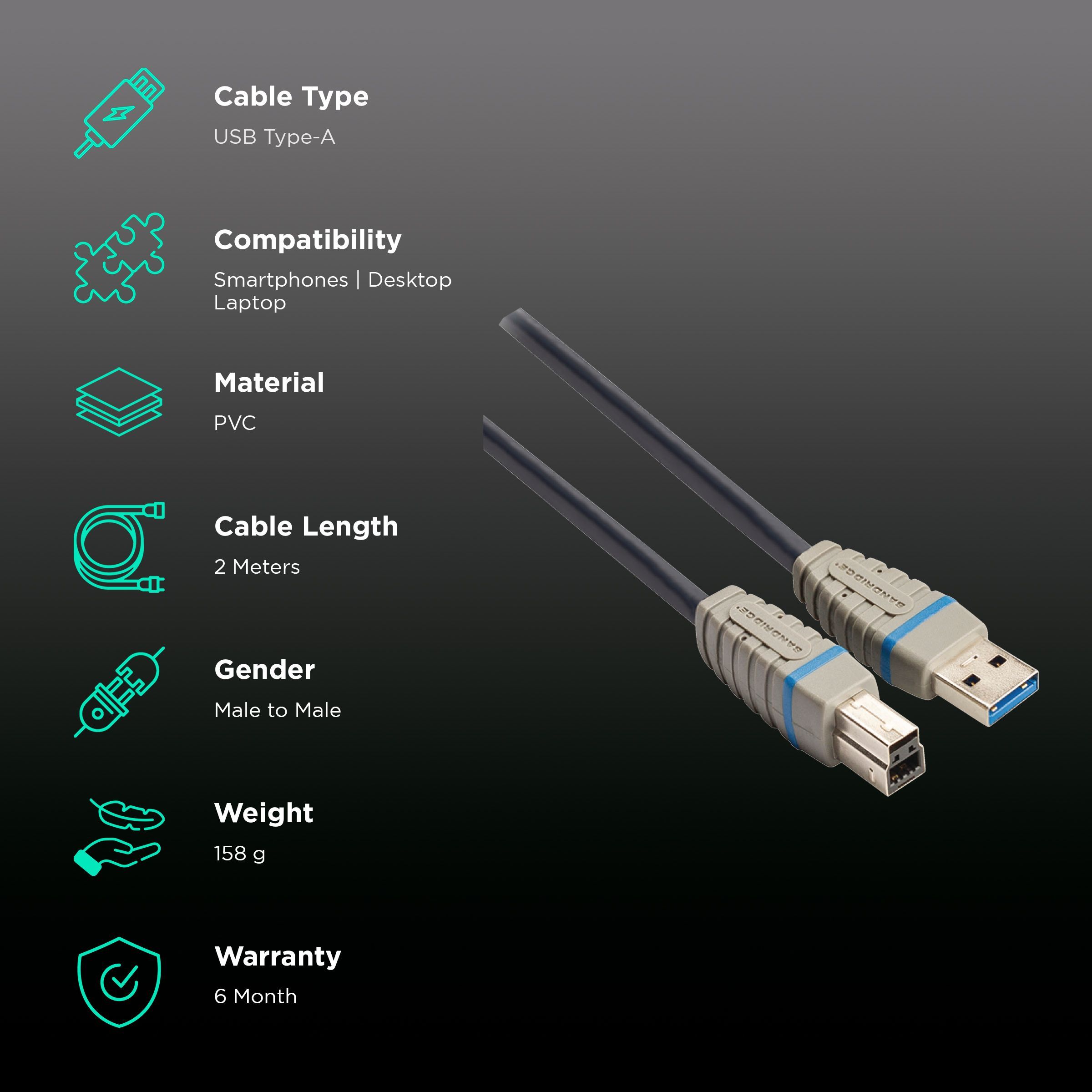 Bandridge Type A to Type B 6.5 Feet (2M) Cable (5 Gbps Transfer Speed, Blue)_2