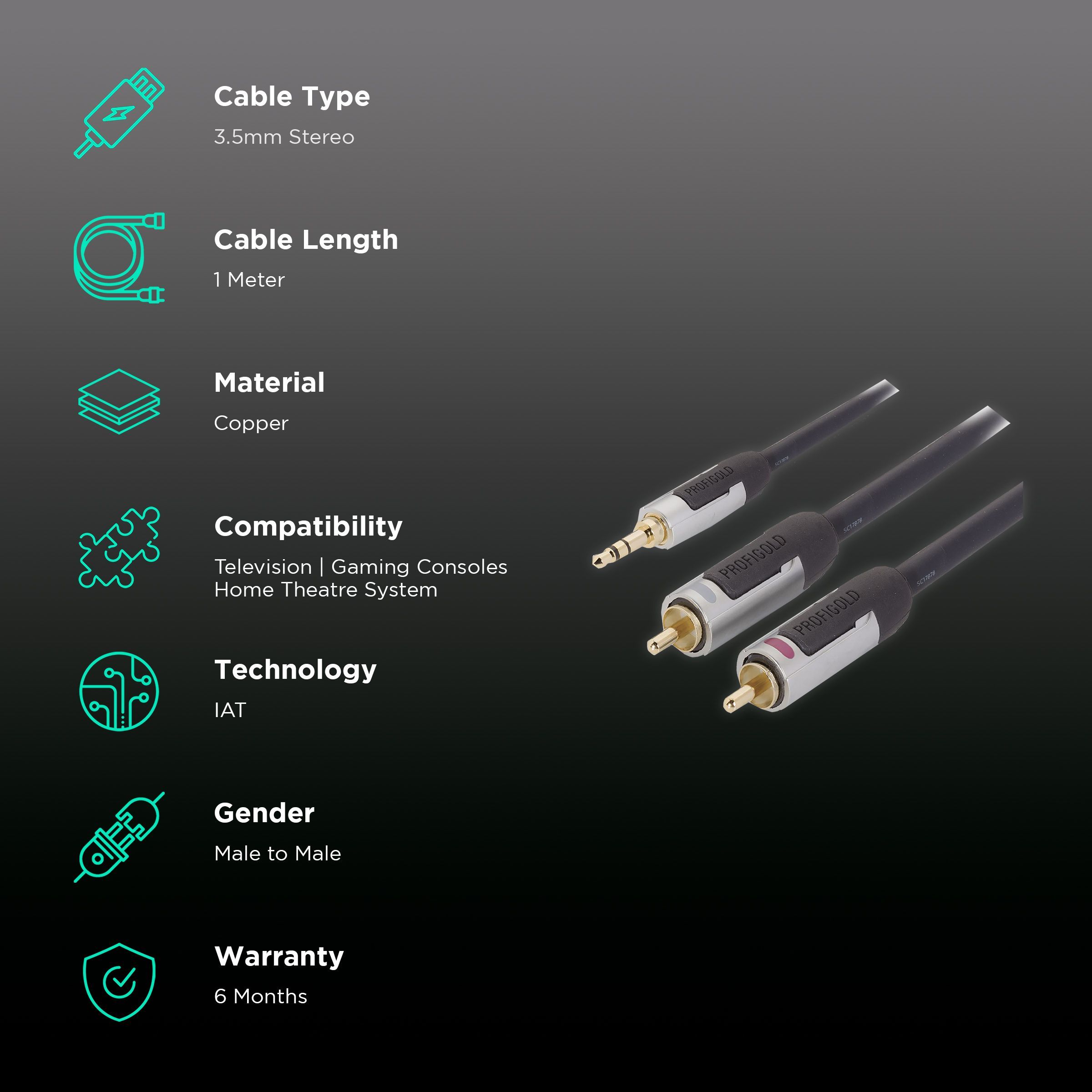PROFIGOLD PROA3401 PVC 1 Meter 3.5mm Stereo to RCA Audio Cable (IAT Technology, Anthracite)_2