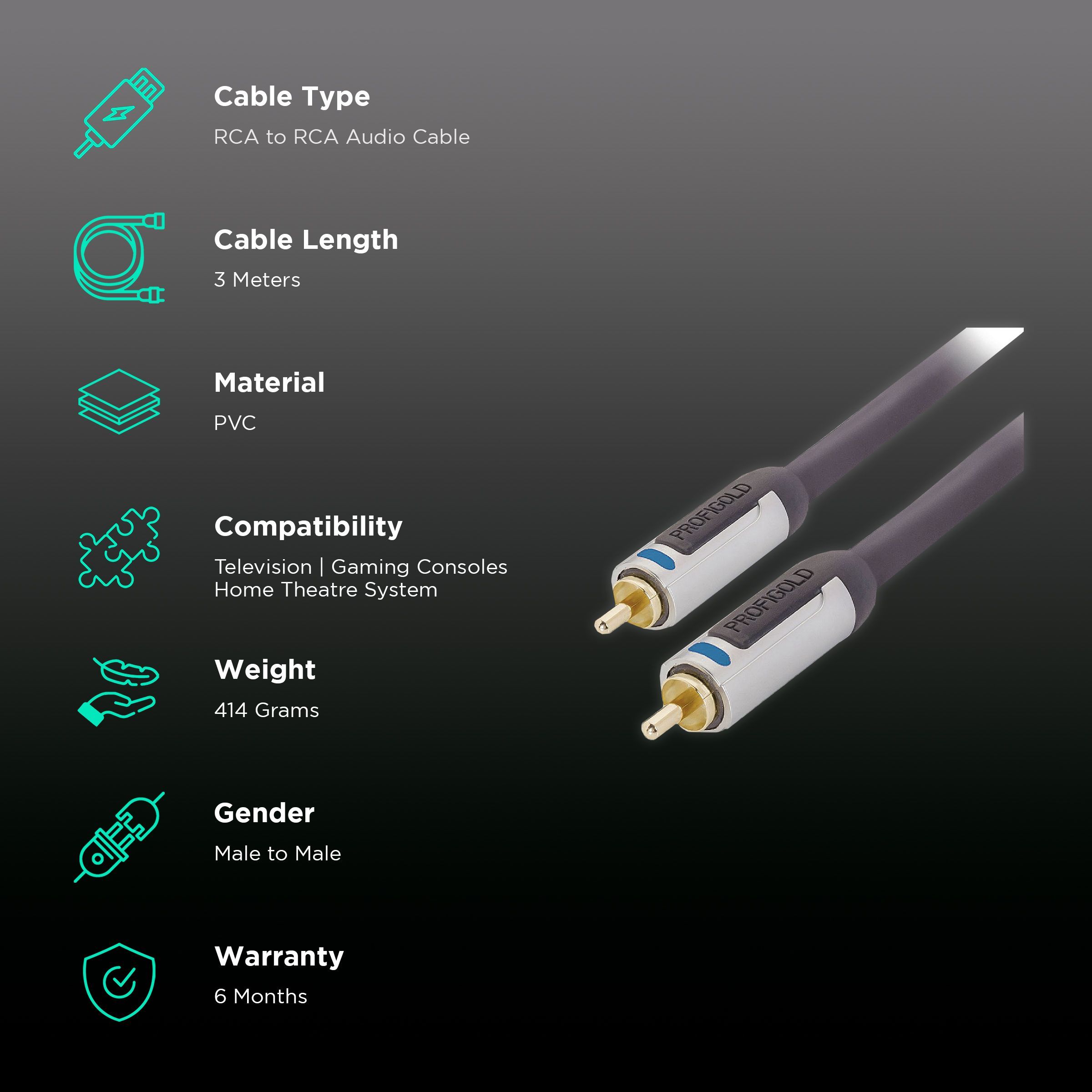 PROFIGOLD PROA4103 PVC 3 Meter RCA to RCA Audio Cable (Double Screening, Anthracite)_2