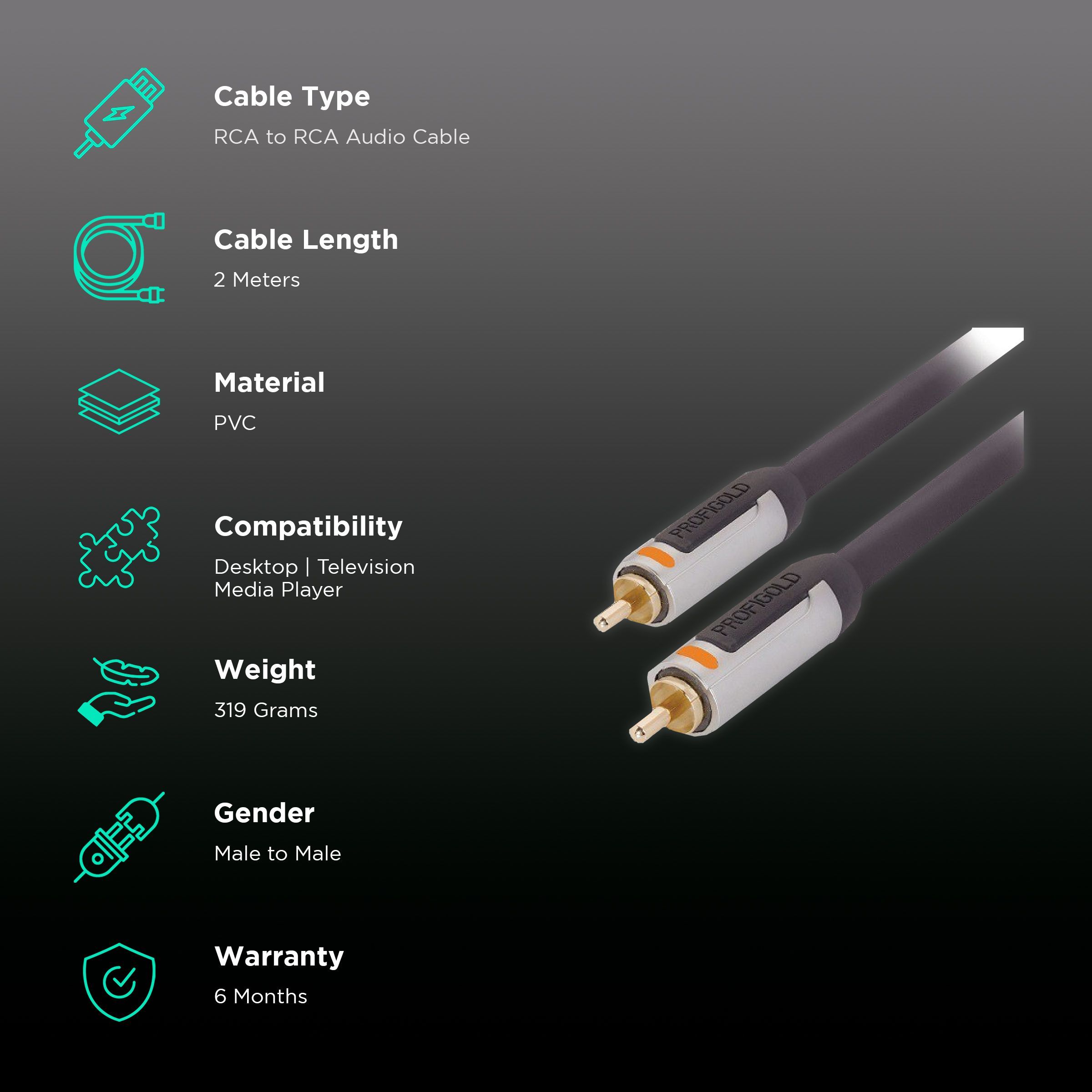PROFIGOLD PROA4802 RCA to RCA 2 Meter Audio Cable (Colour Coded Plugs, Anthracite)_2