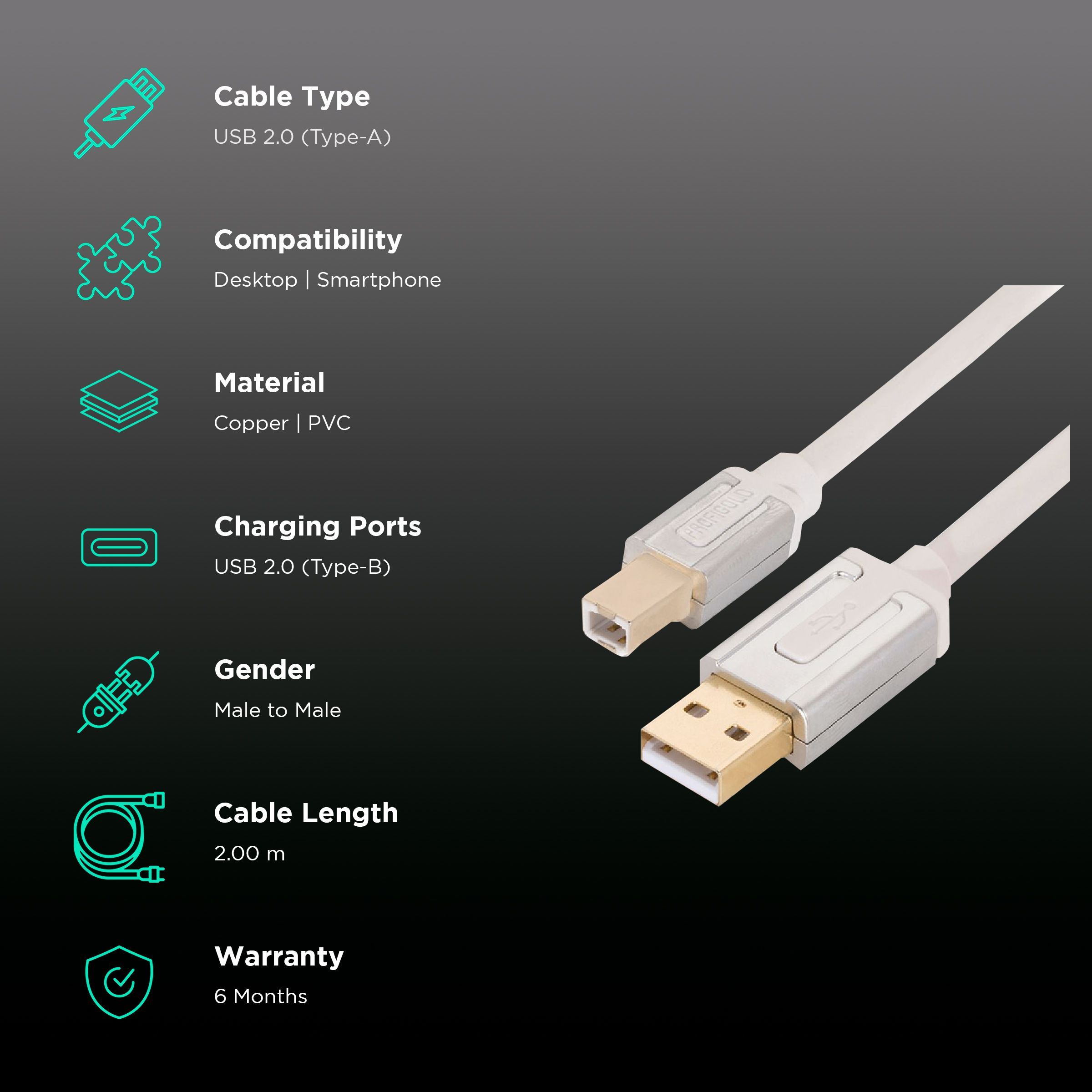 PROFIGOLD USB 2.0 Type A to USB 2.0 Type B Cable (Oxygen Free Copper, White) PROFIGOLD USB 2.0 Type A to USB 2.0 Type B Cable (Oxygen Free Copper, White)_2