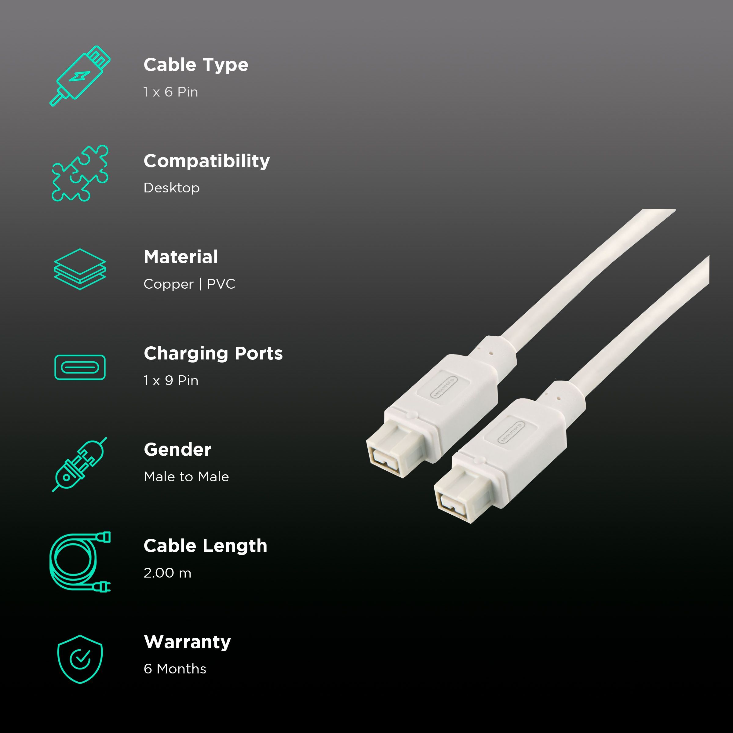 PROFIGOLD PROM6402 PVC 2 Meter 6 Pin to 9 Pin Data Transfer FireWire Cable (Oxygen Free Copper , White)_2