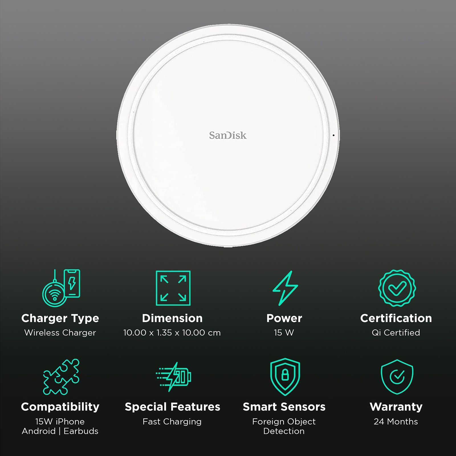 SanDisk Ixpand 15W Wireless Charger for iOS, Android, Earbuds (Qi Certified, Temprature Control Technology, White)_2