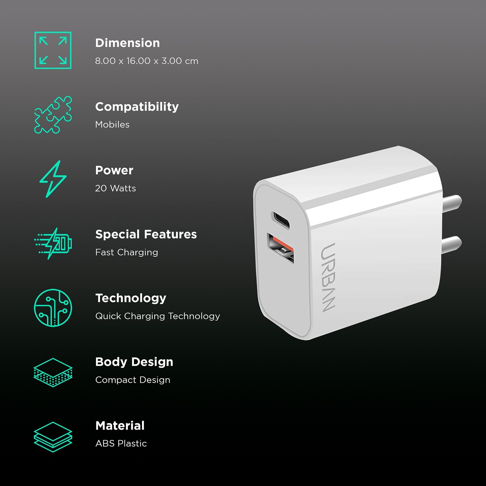 in base Urban Sprint 20W Type A & Type C 2-Port Fast Wall Charger (Adapter Only, Intelligent Power Saving, White) in base Urban Sprint 20W Type A & Type C 2-Port Fast Wall Charger (Adapter Only, Intelligent Power Saving, White)_2