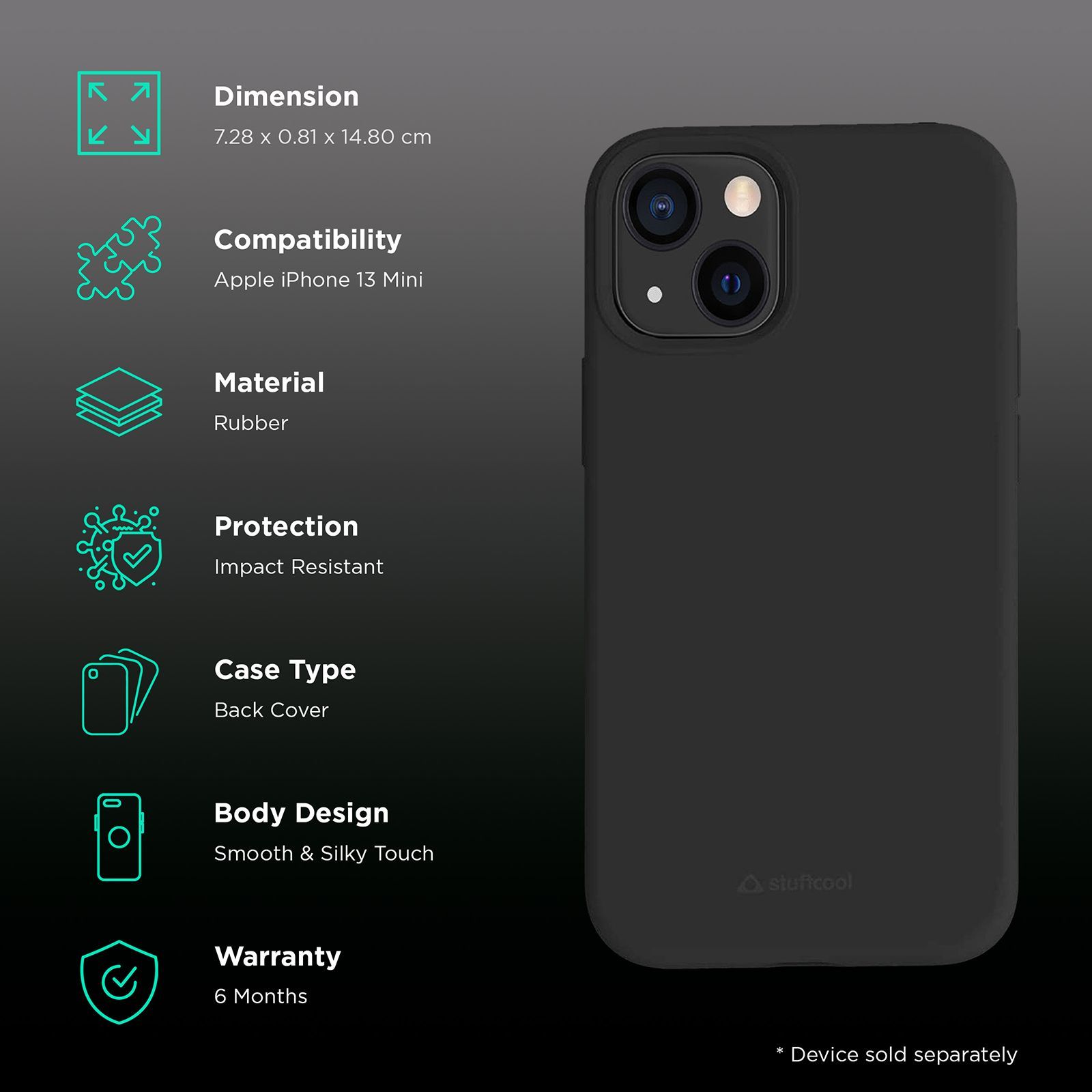 stuffcool Silo Soft and Smooth Rubber Back Cover for Apple iPhone 13 Mini (Camera Protection, Black)_2