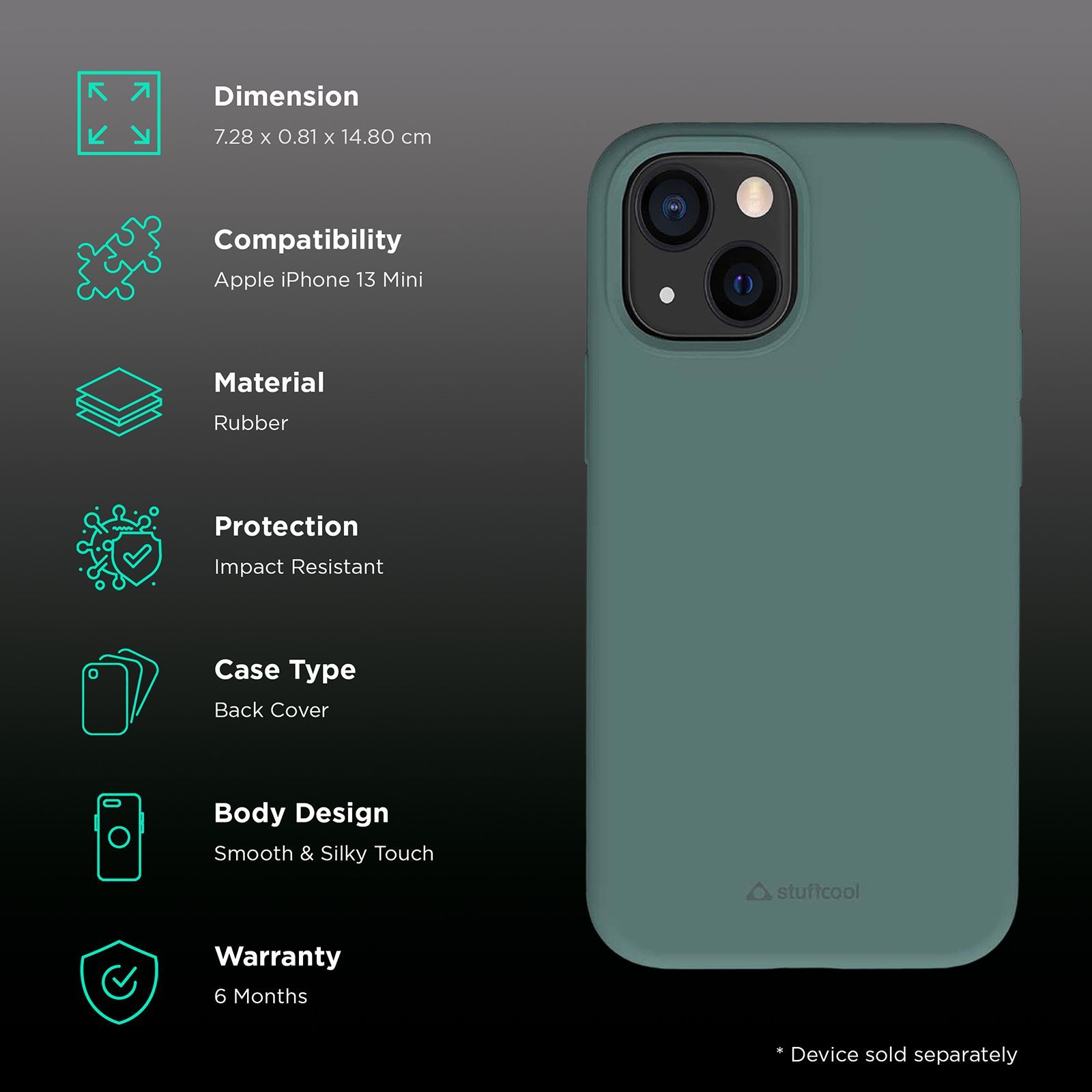 stuffcool Silo Soft and Smooth Rubber Back Cover for Apple iPhone 13 Mini (Camera Protection, Green)_2