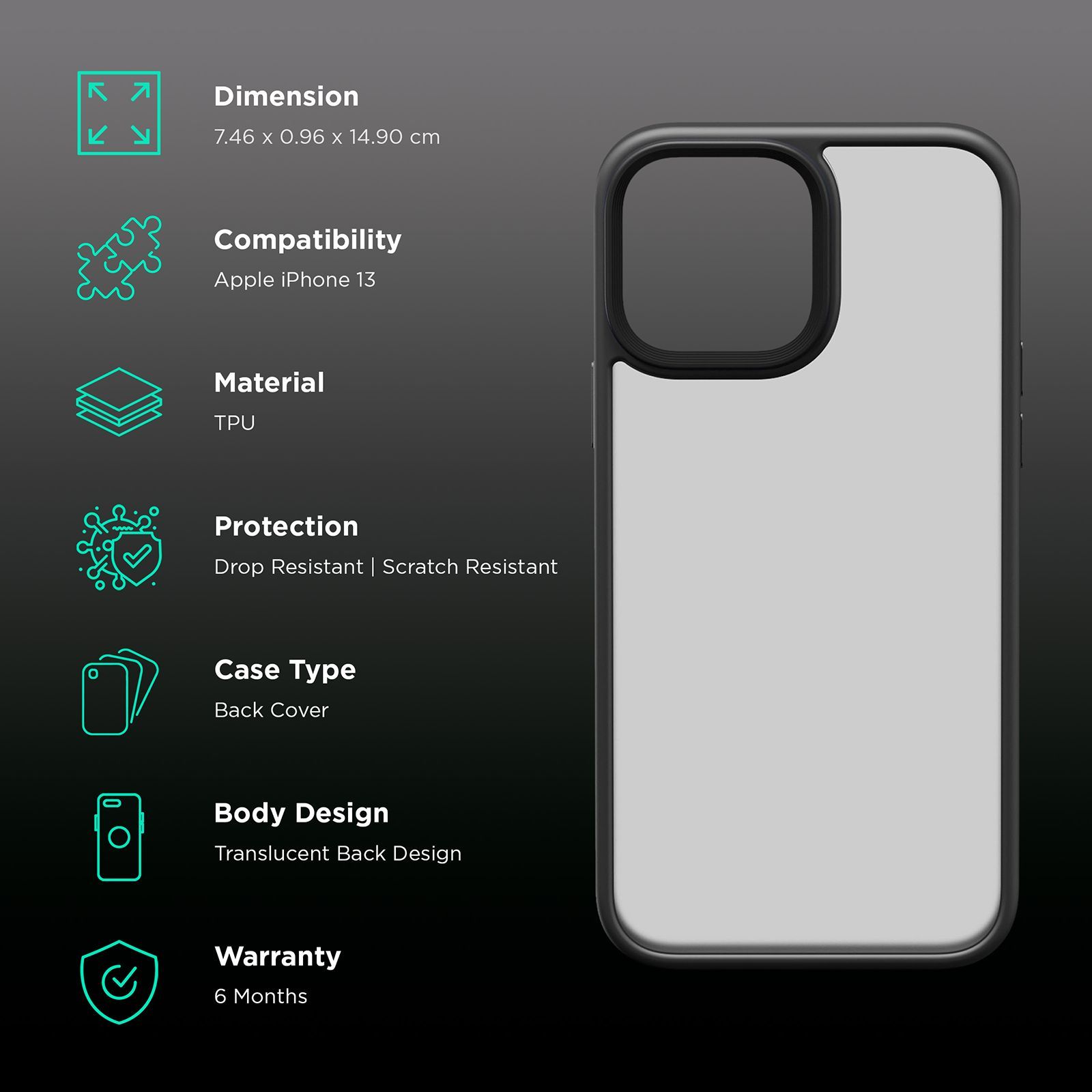 Dr. Vaku IPH13-TRNSBLK TPU Back Cover for Apple iPhone 13 (Scratch Resistant, Black)_2