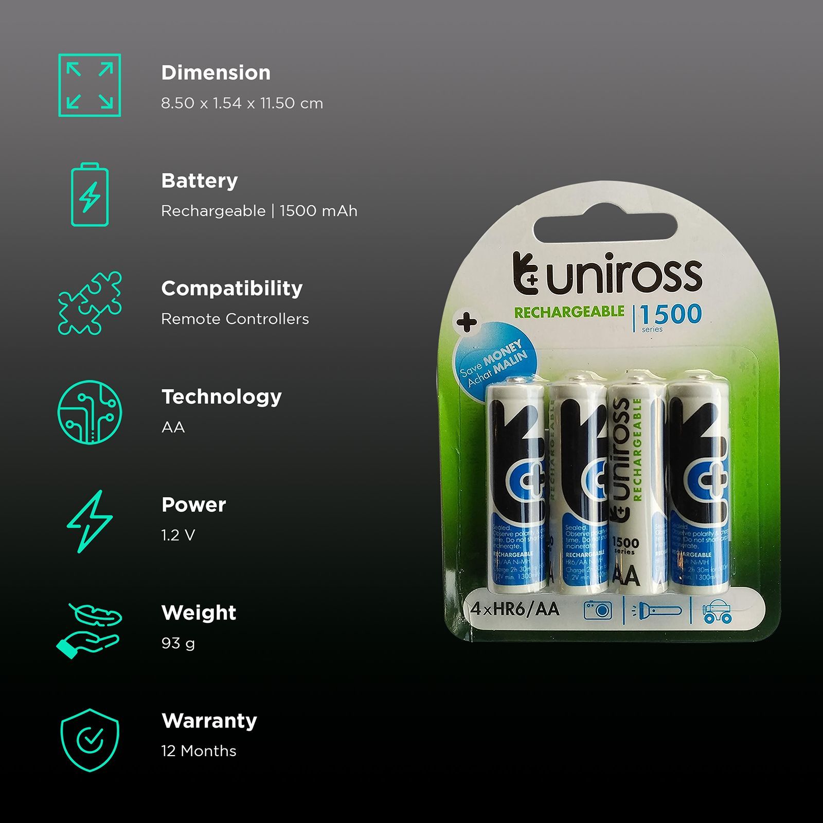 uniross Fratelli 1500 mAh Alkaline AA Rechargeable Battery (Pack Of 4)_2