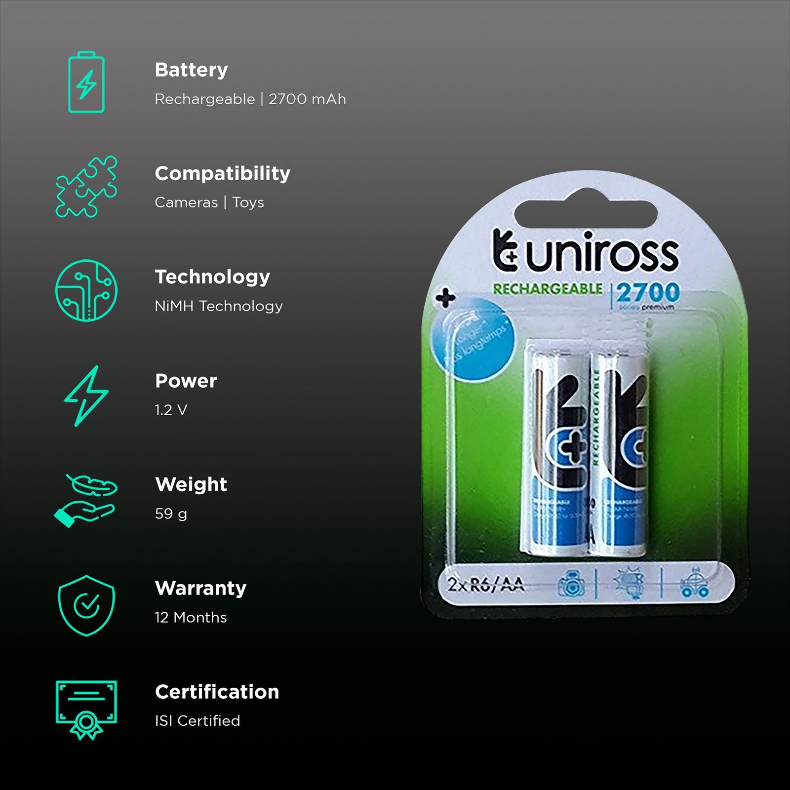 uniross 2700mAh AA Rechargeable Batteries (Pack Of 2, UNI 2700 AA BP2, Black)_2