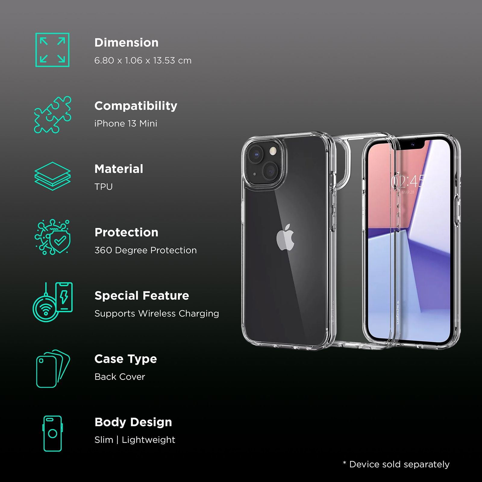 spigen Crystal Hybrid TPU Back Cover for Apple iPhone 13 Mini (Supports Wireless Charging, Crystal Clear)_2