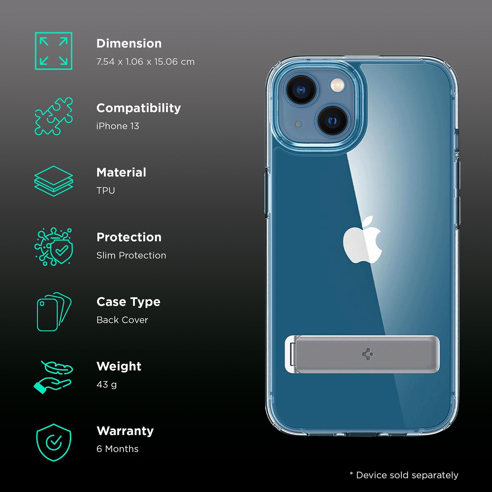 spigen Ultra Hybrid S TPU & Polycarbonate Back Case for Apple iPhone 13 (Air Cushion Technology, Crystal Clear)_2