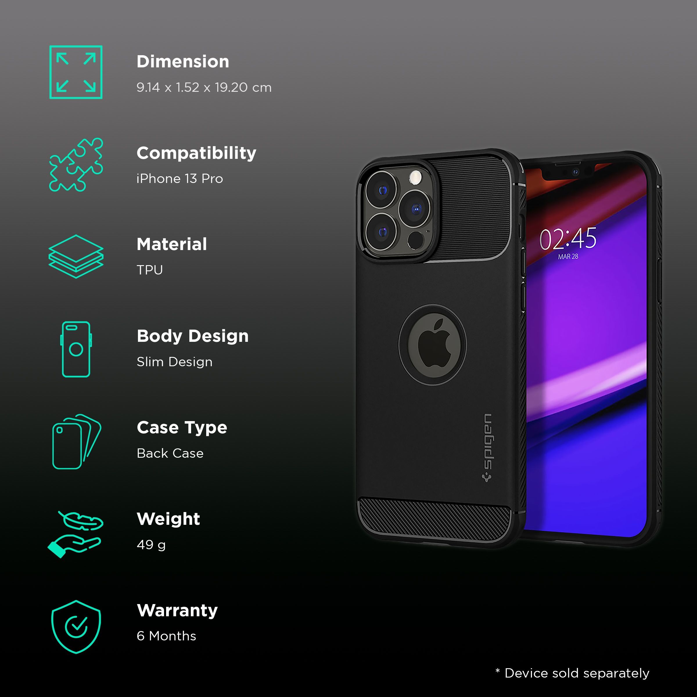 spigen Rugged Armor TPU Back Cover for Apple iPhone 13 Pro (Wireless Charging Compatible, Matte Black)_2