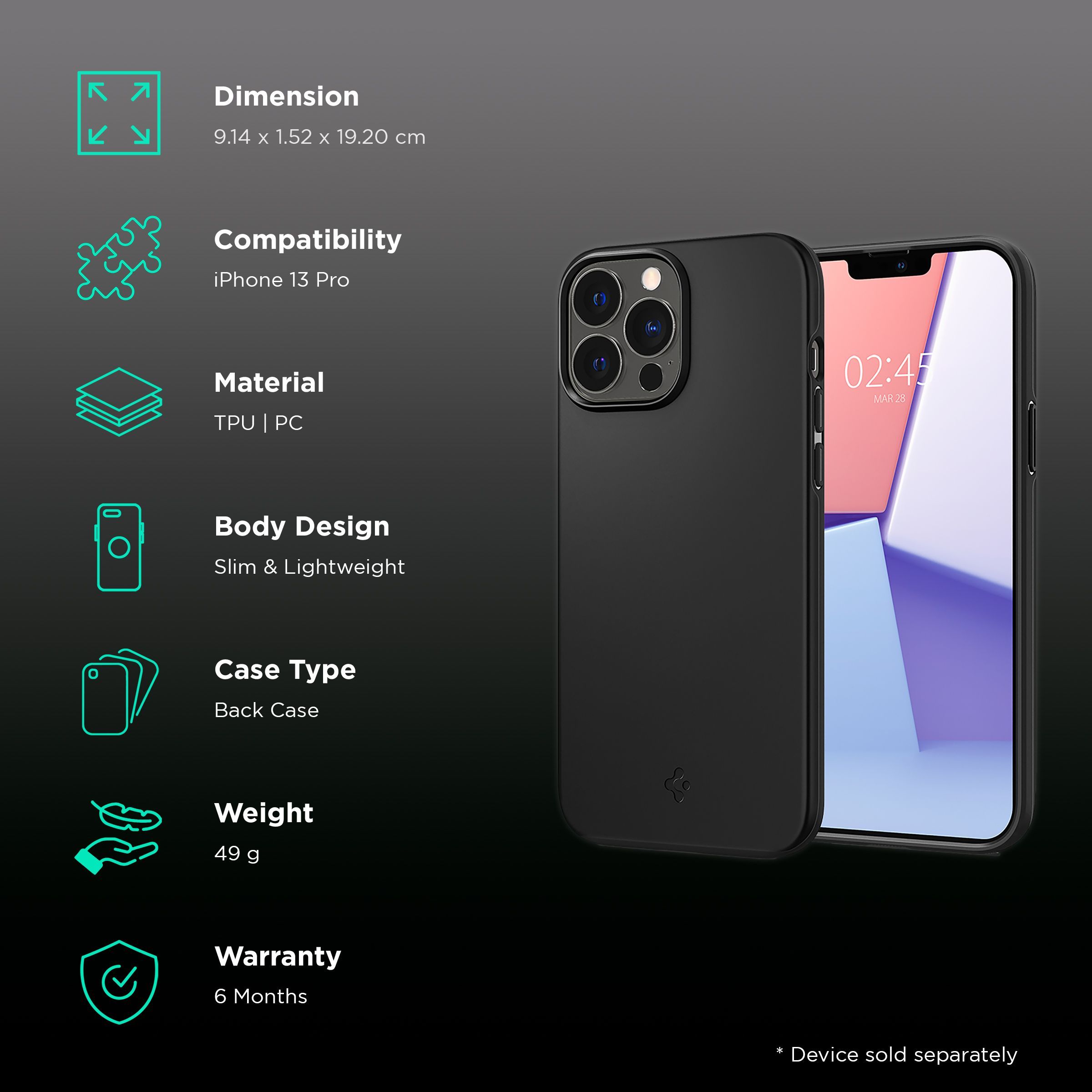 spigen Thin Fit TPU & Polycarbonate Back Cover for Apple iPhone 13 Pro (Wireless Charging Compatible, Black)_2