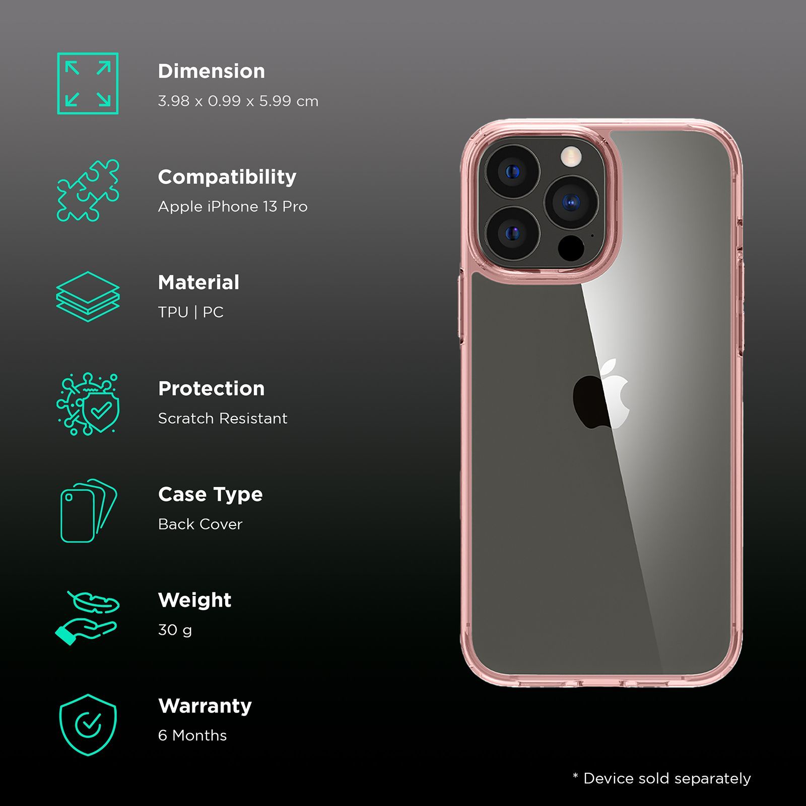 spigen Ultra Hybrid TPU & Polycarbonate Back Cover for Apple iPhone 13 Pro (Supports Wireless Charging, Rose Crystal)_2