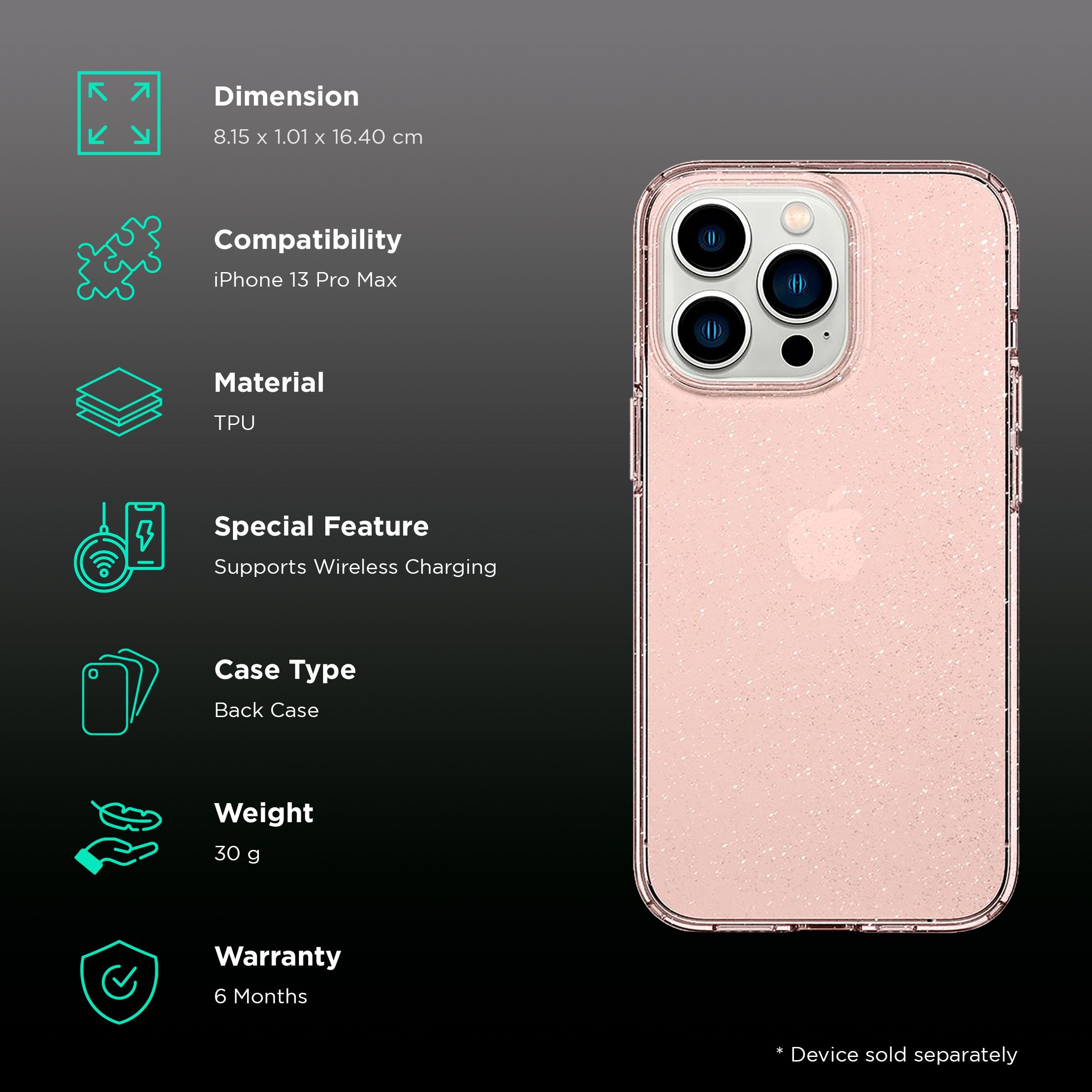 spigen Liquid Crystal Glitter TPU Back Cover for Apple iPhone 13 Pro Max (Wireless Charging Compatible, Rose Quartz)_2