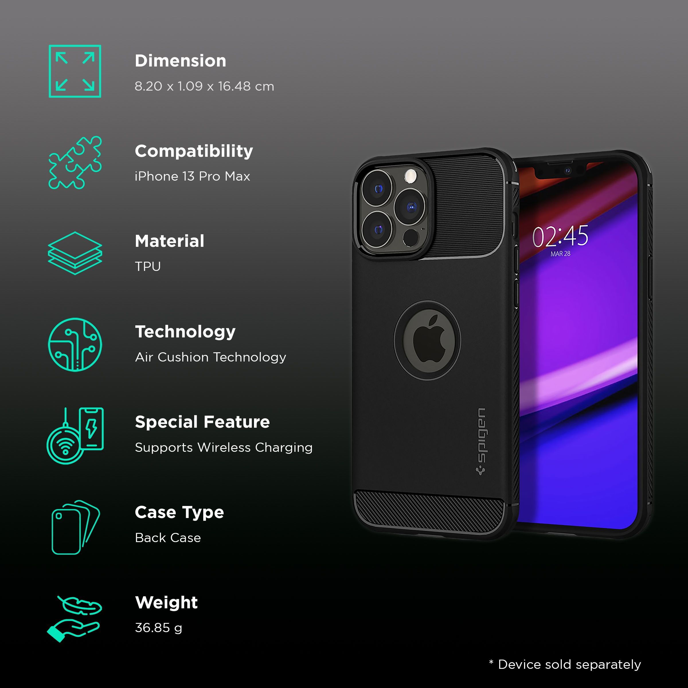 spigen Rugged Armor TPU Back Cover for Apple iPhone 13 Pro Max (Wireless Charging Compatible, Matte Black)_2