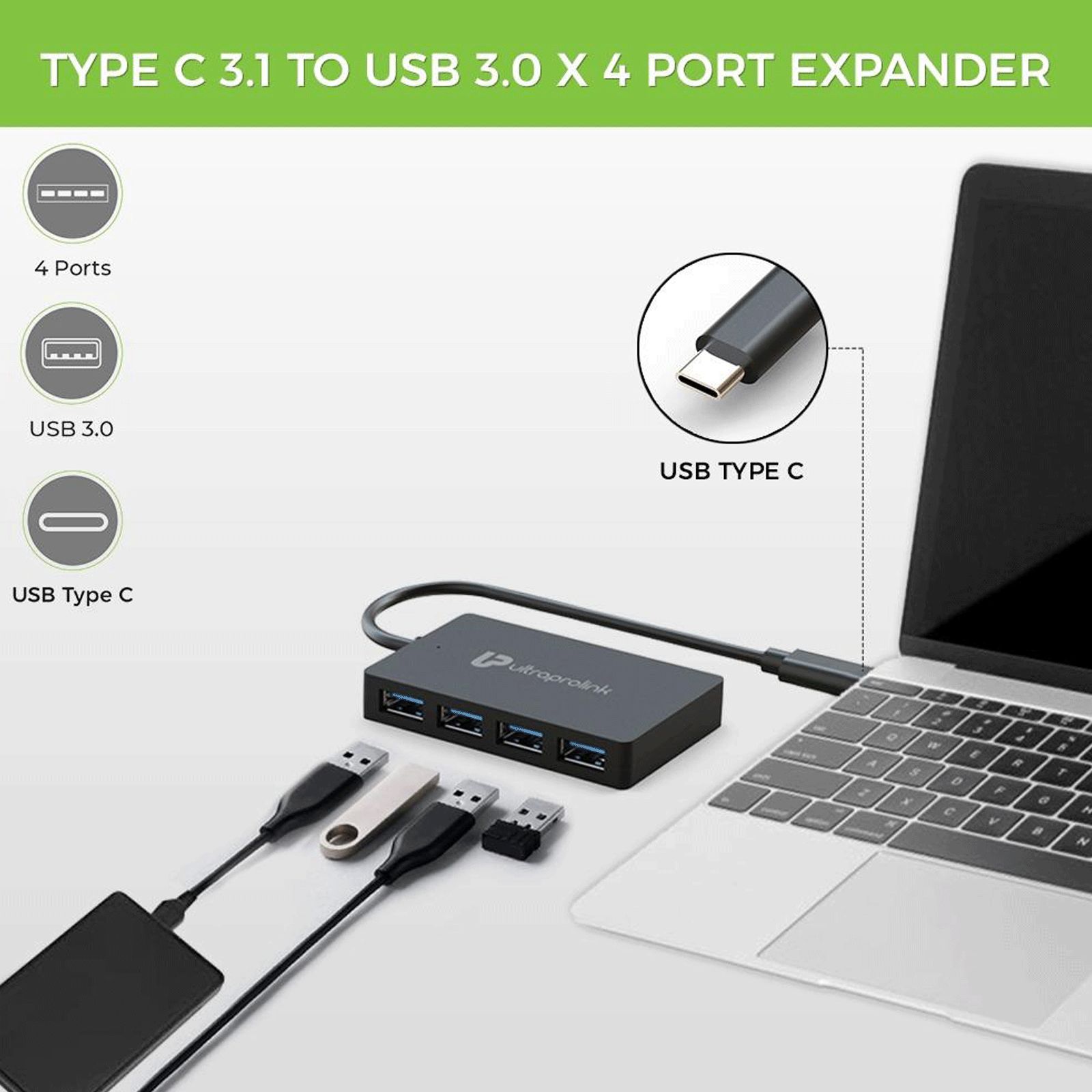UltraProlink iExpand USB 3.1 Type C to USB 3.0 Type A USB Hub (High Speed Transfer Data, Black)_6