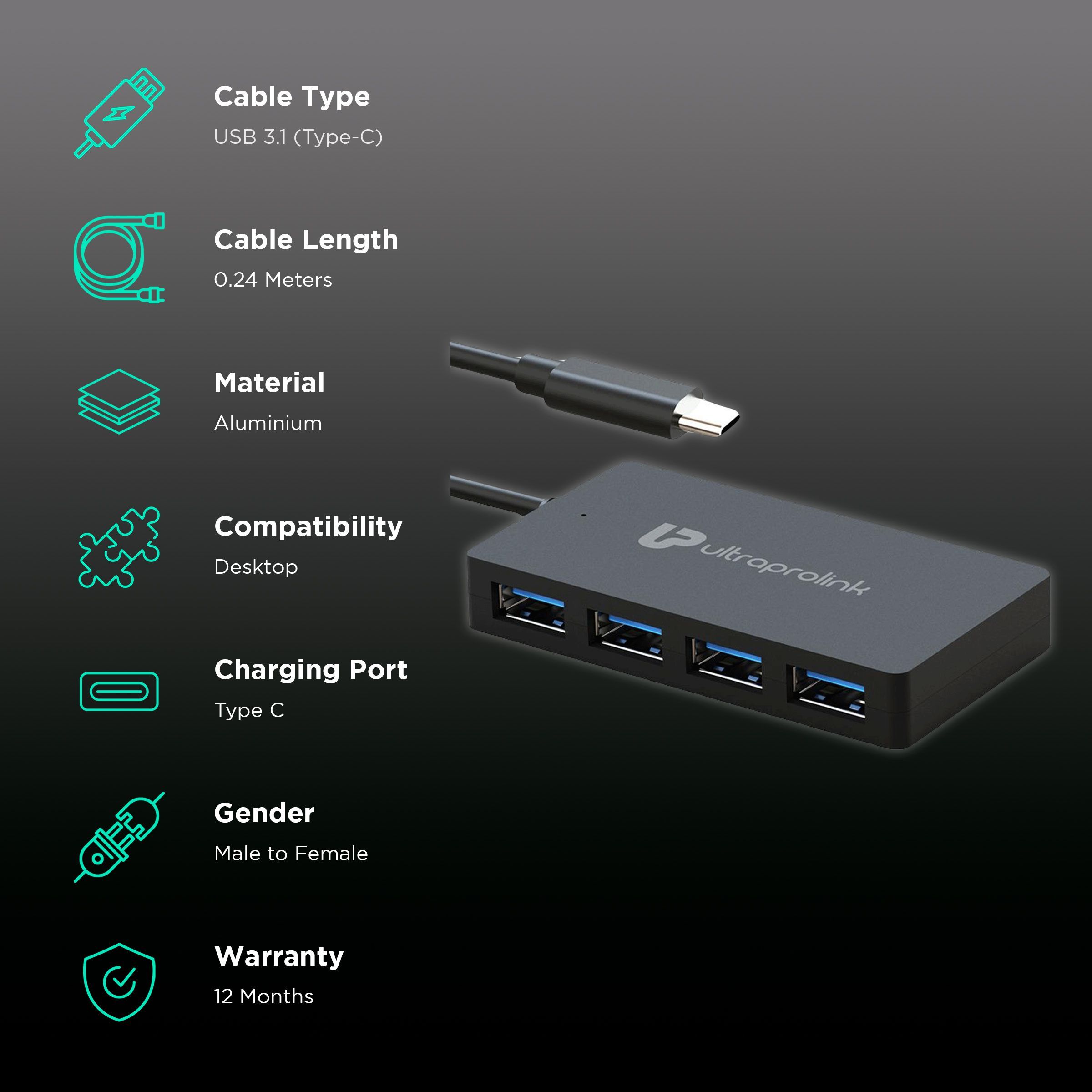 UltraProlink iExpand USB 3.1 Type C to USB 3.0 Type A USB Hub (High Speed Transfer Data, Black)_2
