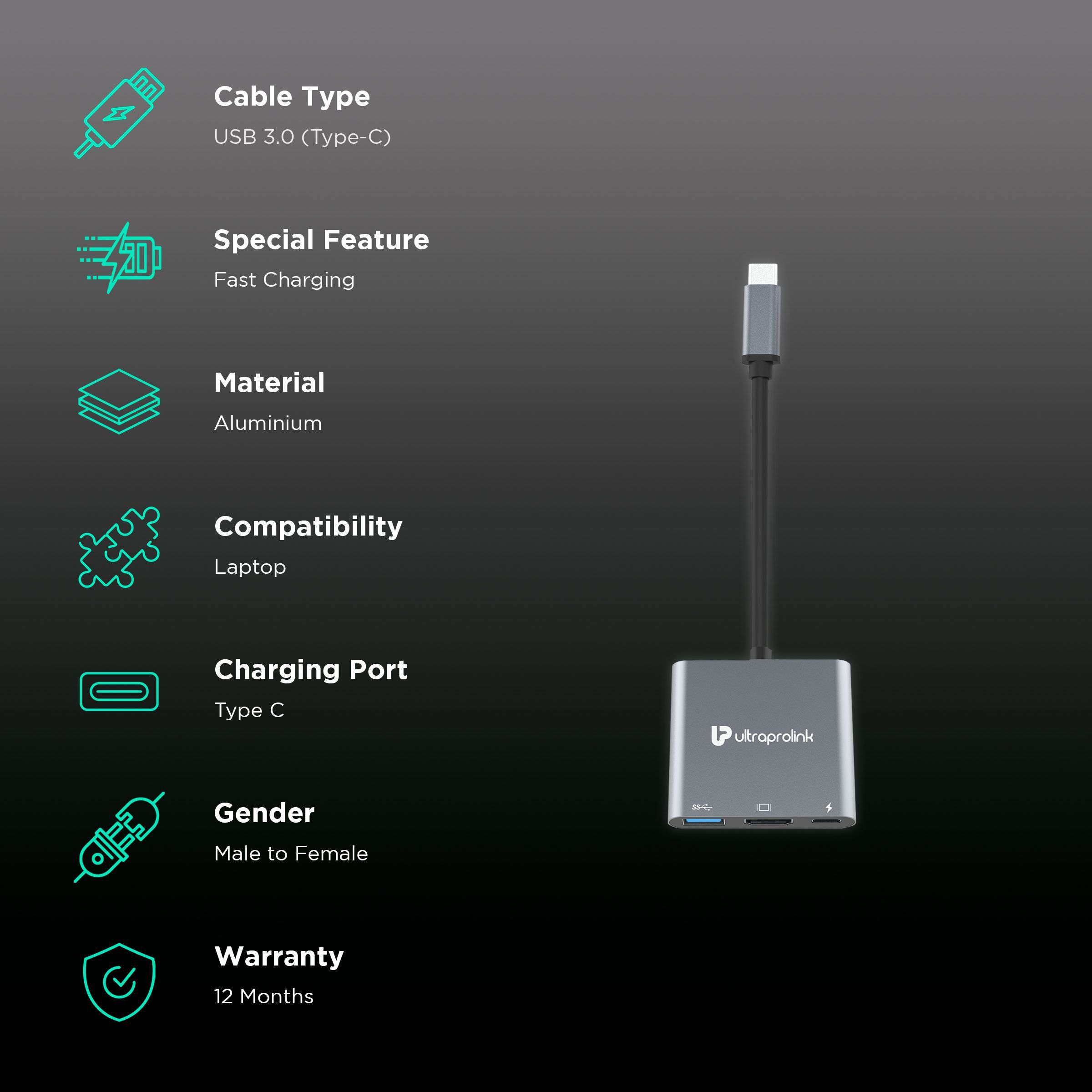 UltraProlink Smart Hub 3-in-1 USB 3.0 Type C to USB 3.0 Type C, USB 3.0 Type A, HDMI Type A USB Hub (Broad Compatibility, Grey) UltraProlink Smart Hub 3-in-1 USB 3.0 Type C to USB 3.0 Type C, USB 3.0 Type A, HDMI Type A USB Hub (Broad Compatibility, Grey)_2