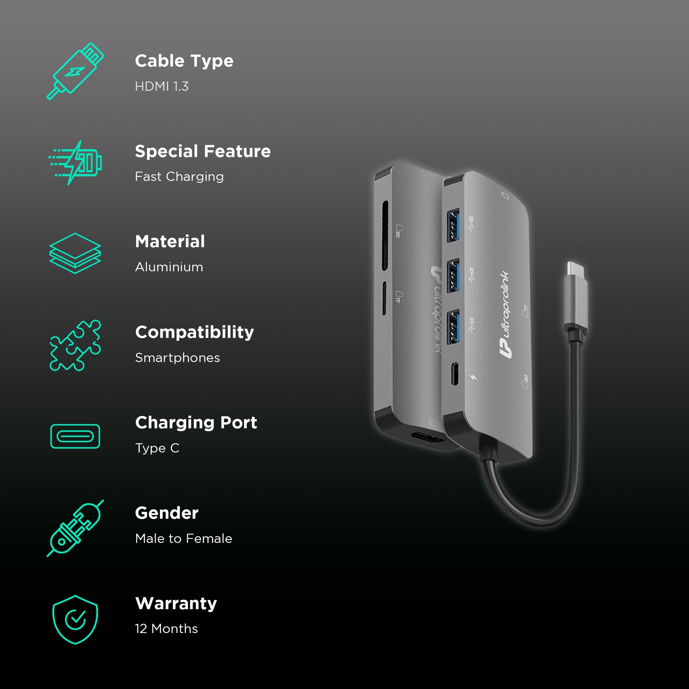 UltraProlink Pro Hub 7-in-1 USB 3.0 Type C to USB 3.0 Type A, SD Card Slot, TF Card Reader, HDMI Type A, USB Type C USB Hub (High Speed Transfer Data, Grey)_2