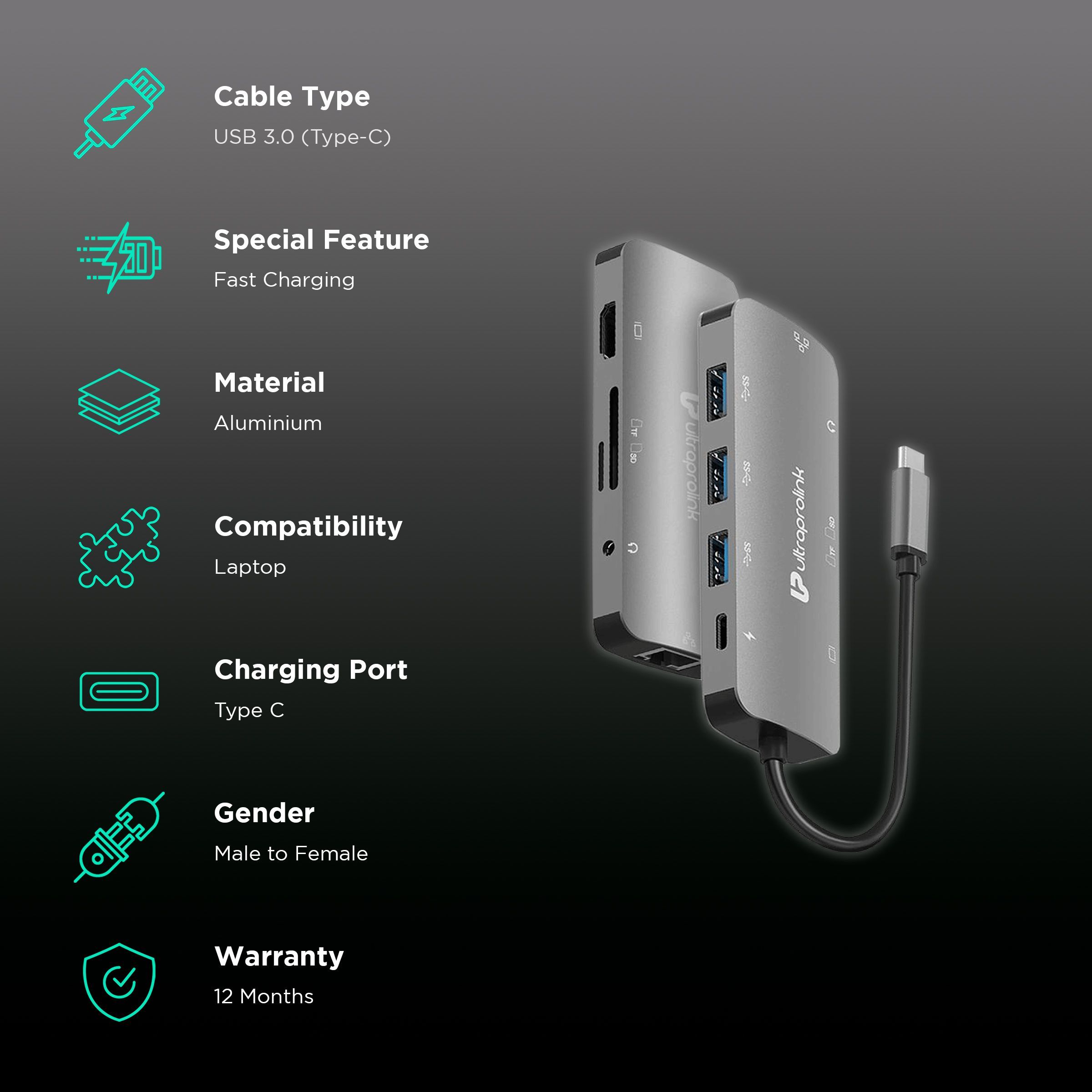 UltraProlink Slimport 4C 9-in-1 USB 3.1 Type C to HDMI Type A, USB 3.0 Type A, USB Type C, SD Card Slot, TF Card Reader, RJ45, 3.5mm Stereo USB Hub (Faster Data Transfer, Grey)_2