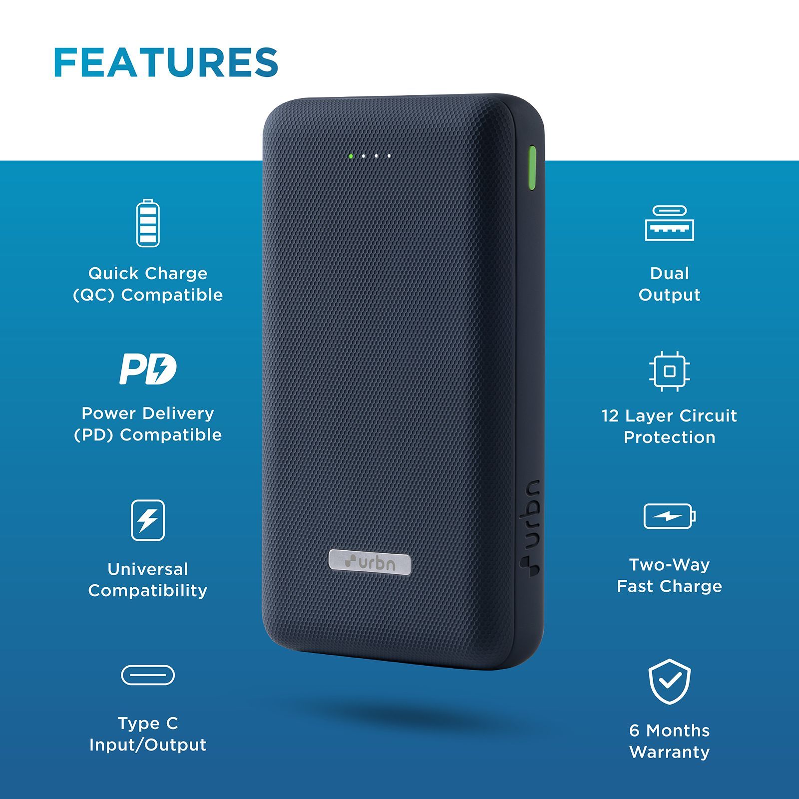 urbn 20000 mAh 22.5W Fast Charging Power Bank (1 Type A Port, 1 Type C Port, 12 Layer Circuit Protection, Blue)_7
