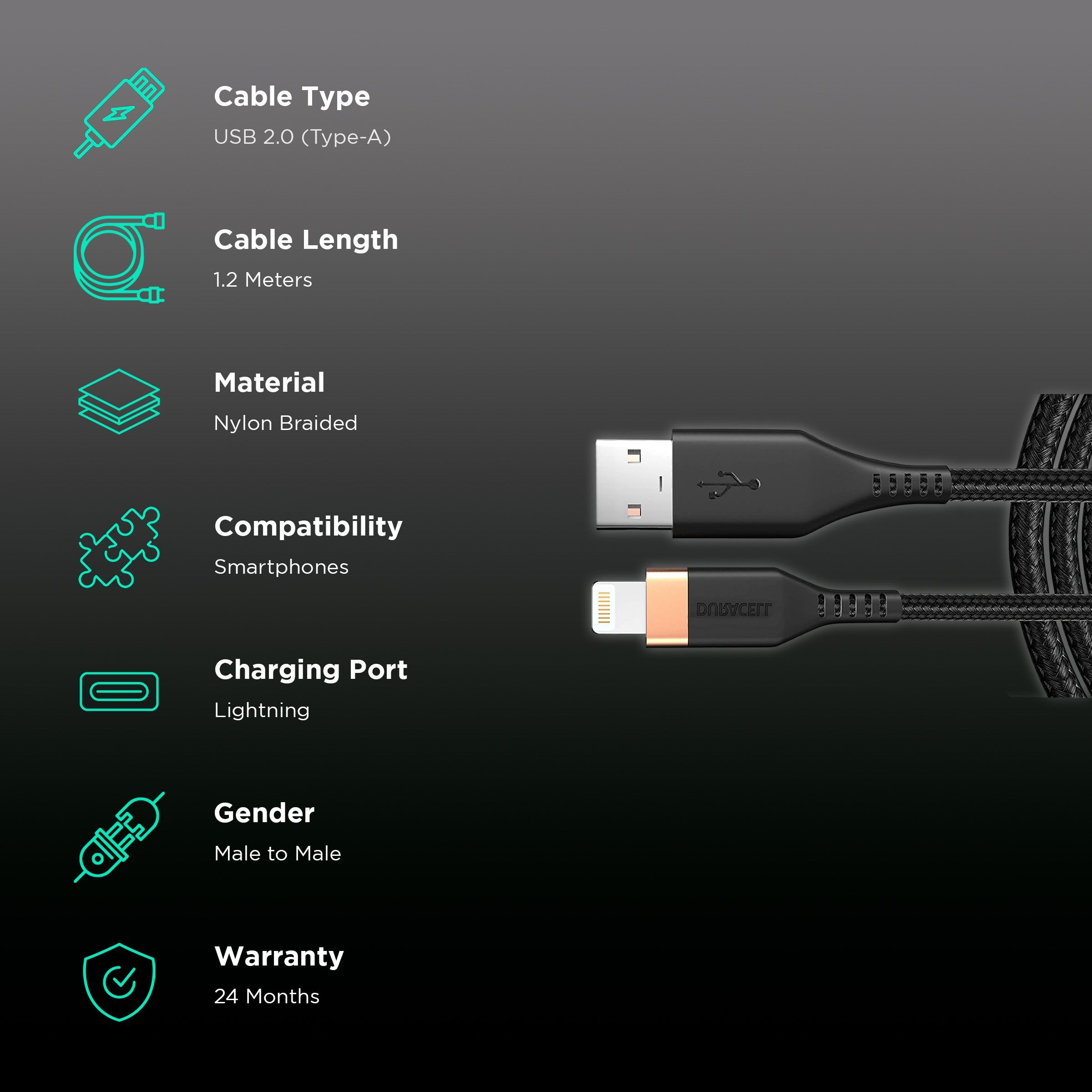DURACELL Type C to Lightning Connector 3.96 Feet (1.2 M) Cable (Tangle-free Design, Black)_2