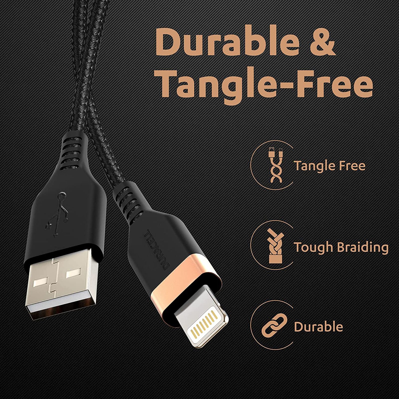 DURACELL Type C to Lightning Connector 3.96 Feet (1.2 M) Cable (Tangle-free Design, Black)_3