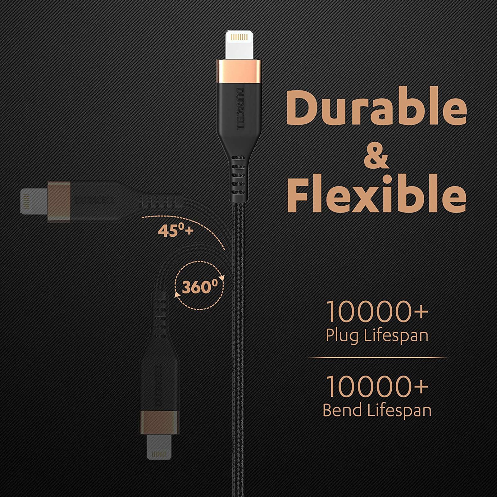DURACELL Type C to Lightning Connector 3.96 Feet (1.2 M) Cable (Tangle-free Design, Black)_4
