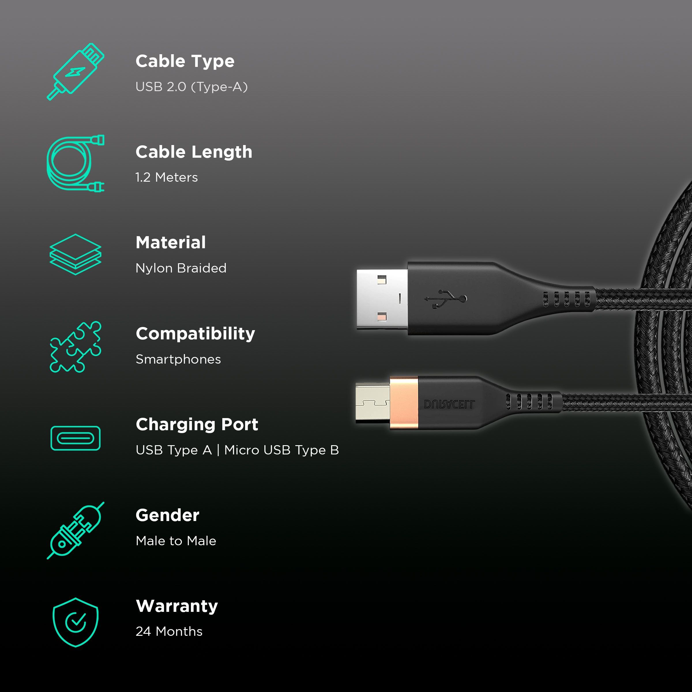 DURACELL Type A to Type B 3.96 Feet (1.2 M) Cable (Tangle-free Design, Black)_2