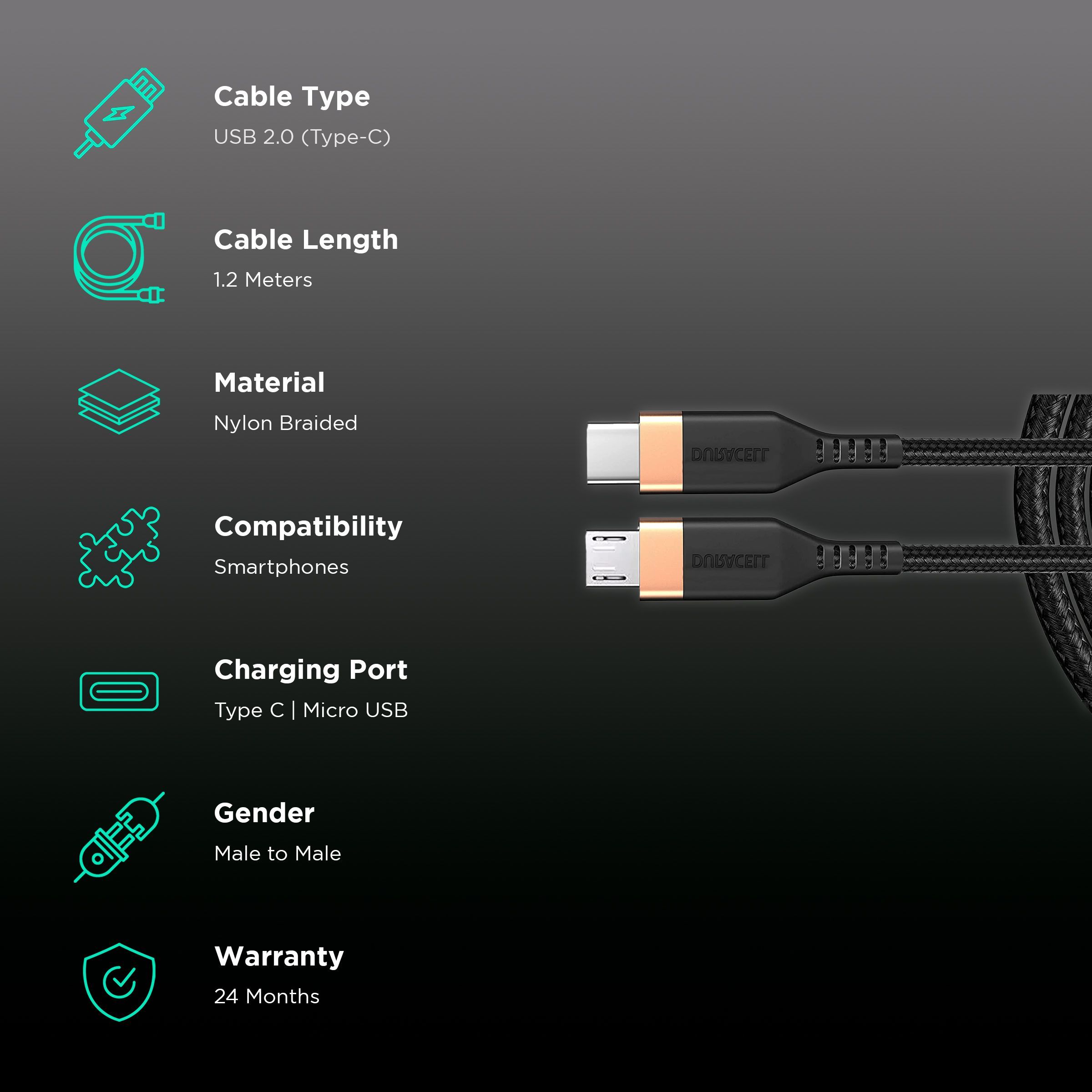 DURACELL Type C to Type B 3.96 Feet (1.2 M) Cable (Tangle-free Design, Black)_2