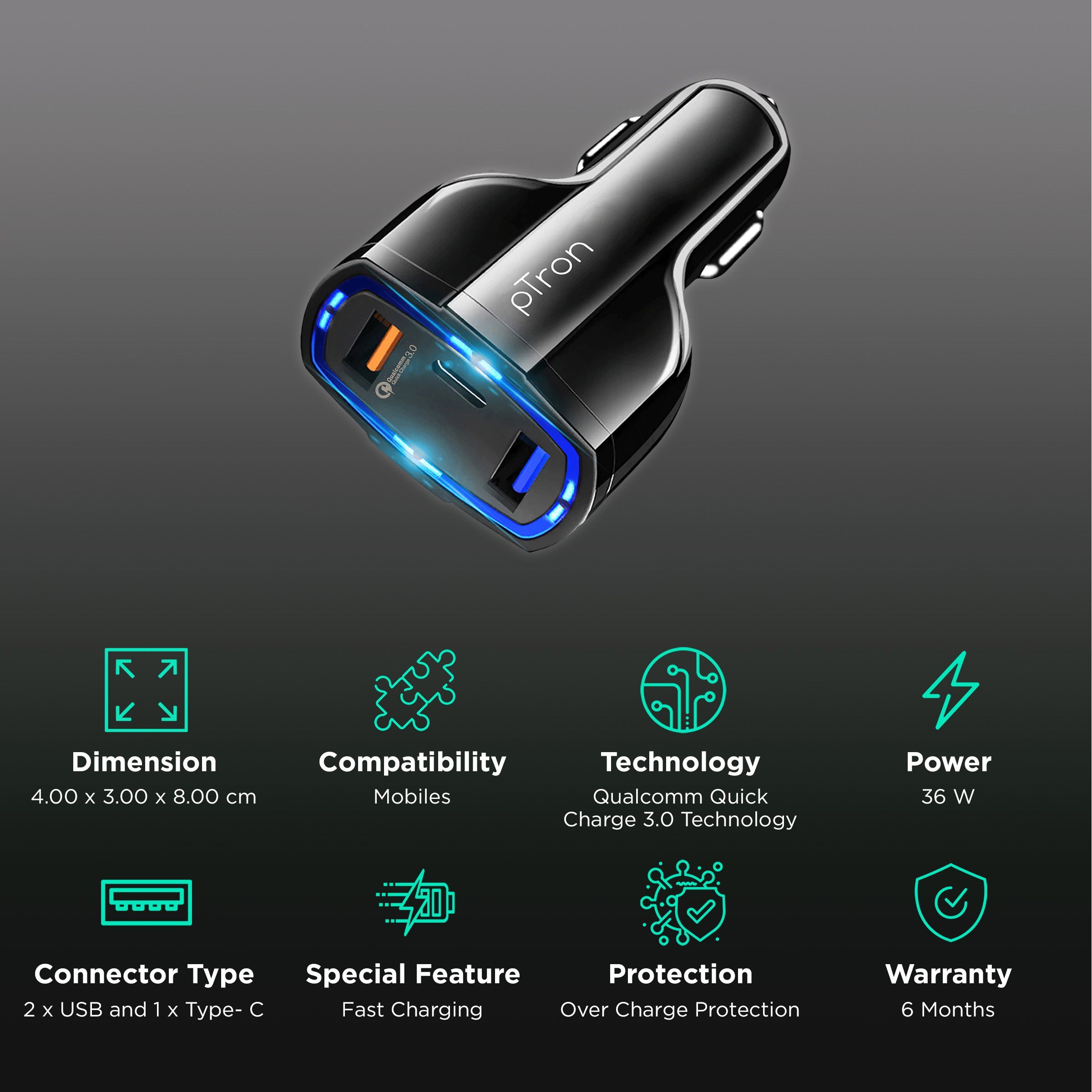 pTron Bullet Pro 36W Type A & Type C 3-Port Quick Charger (Adapter Only, Built-in Smart IC Chip, Black)_2