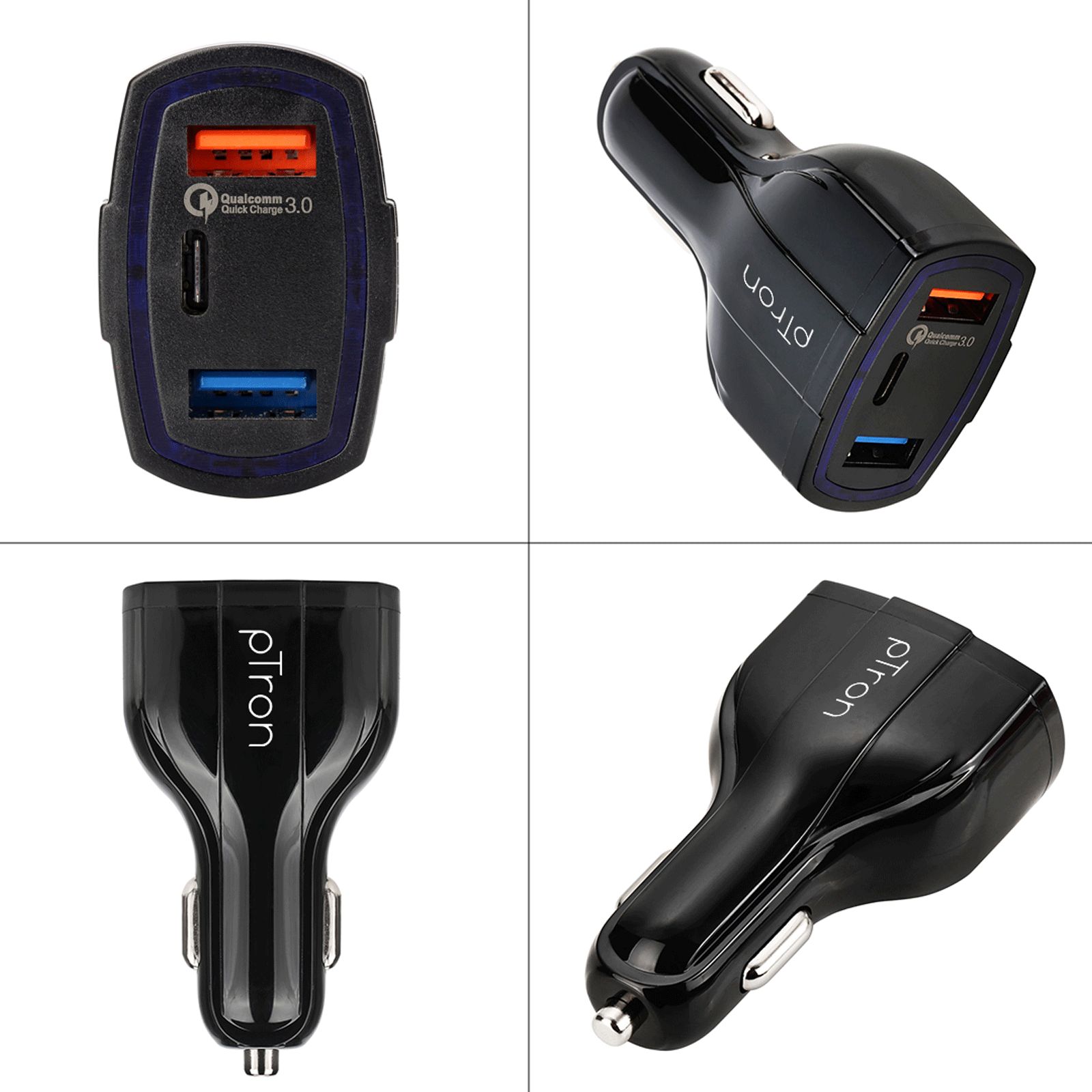 pTron Bullet Pro 36W Type A & Type C 3-Port Quick Charger (Adapter Only, Built-in Smart IC Chip, Black)_3