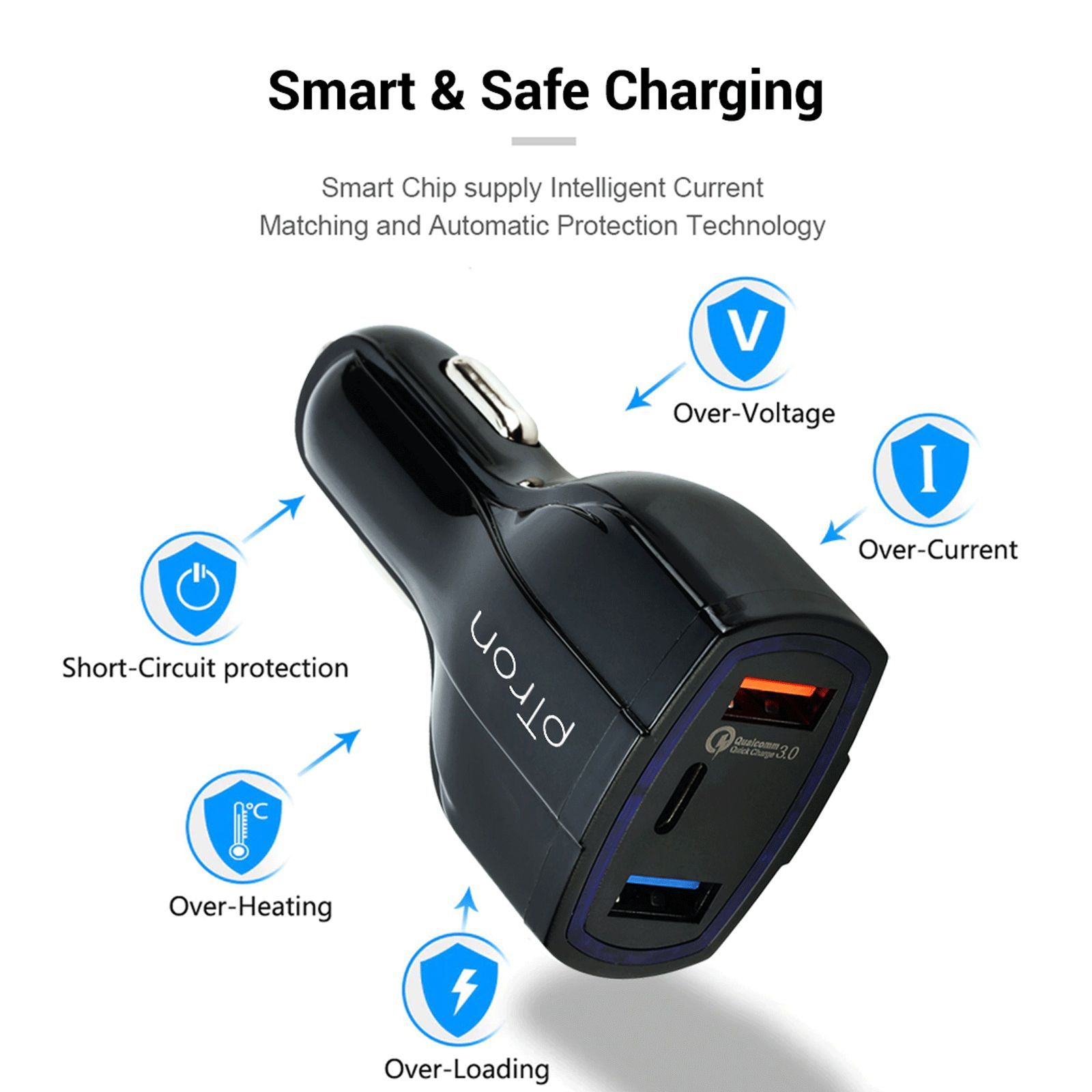 pTron Bullet Pro 36W Type A & Type C 3-Port Quick Charger (Adapter Only, Built-in Smart IC Chip, Black)_4