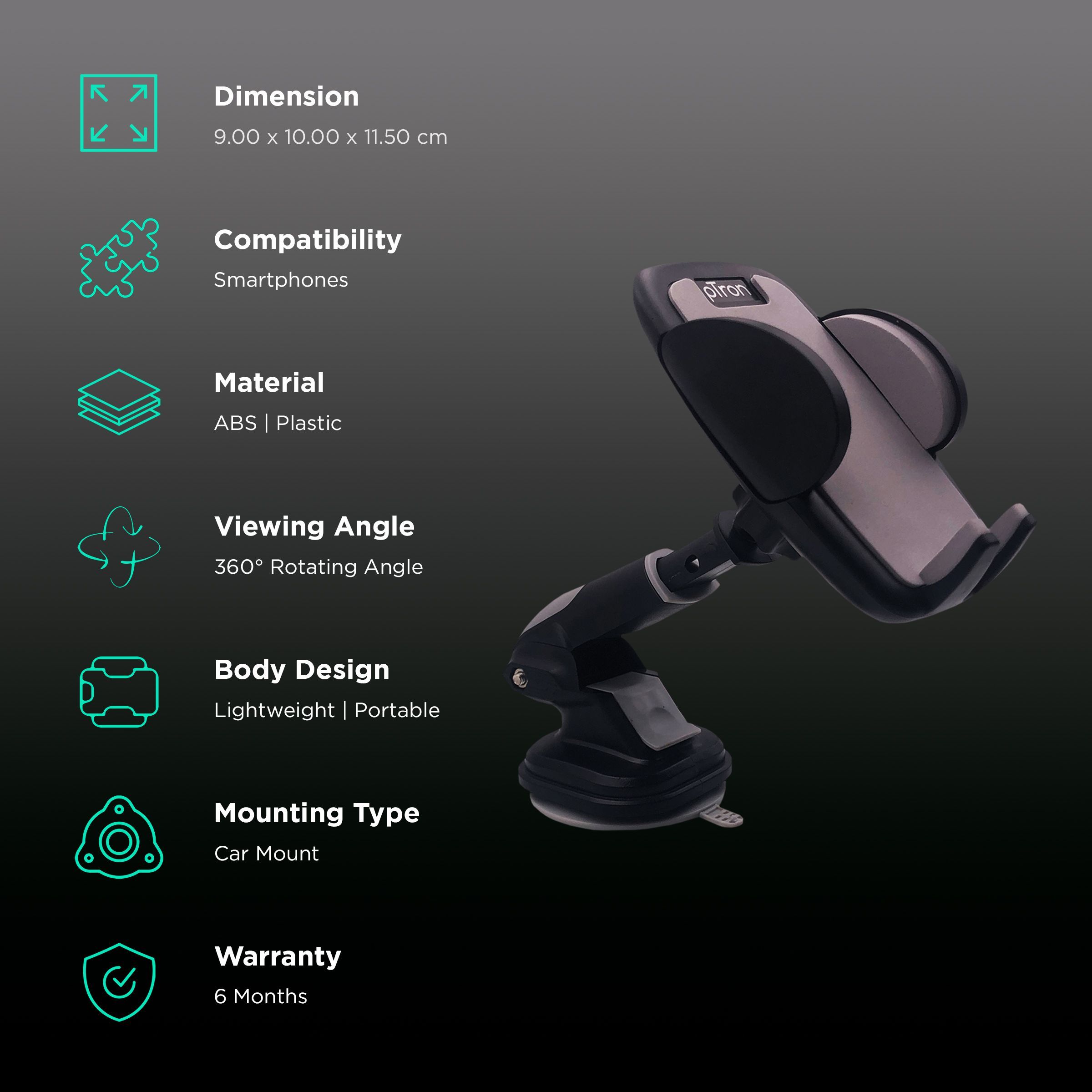 pTron Mount ST4F Adjustable Car Mount Phone Holder for Dashboard & Windshield (Rotating Clamp, Black)_3