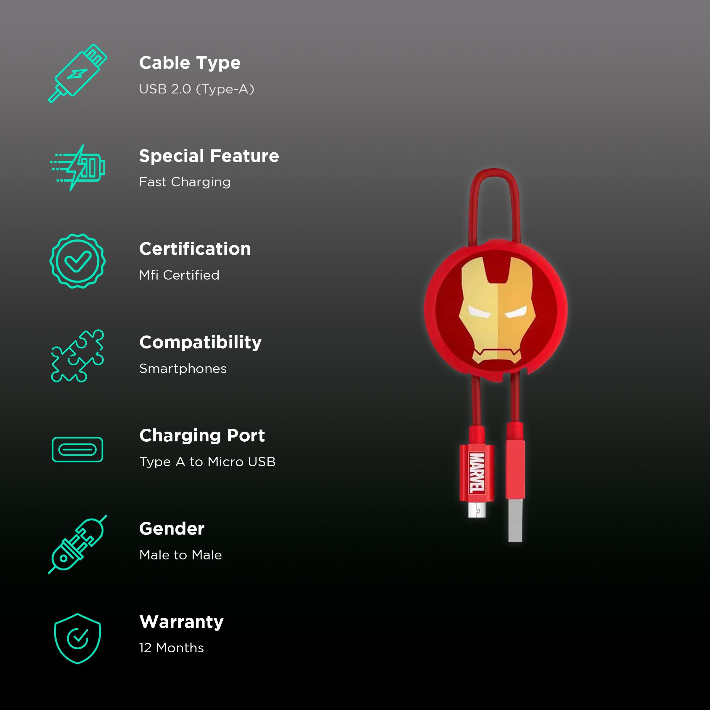 Macmerise Ironman - Key Ring Type A to Micro USB Cable (MFi Certified, Multicolor)_2