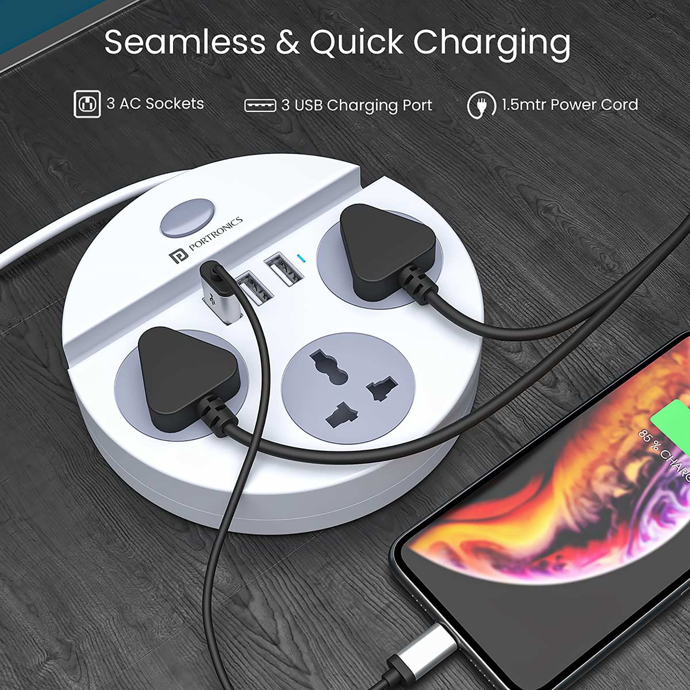 PORTRONICS Power Plate 5 3-Sockets Extension Board (1.5 Meters, 3 USB Charging Slots, POR 1359, White)_11